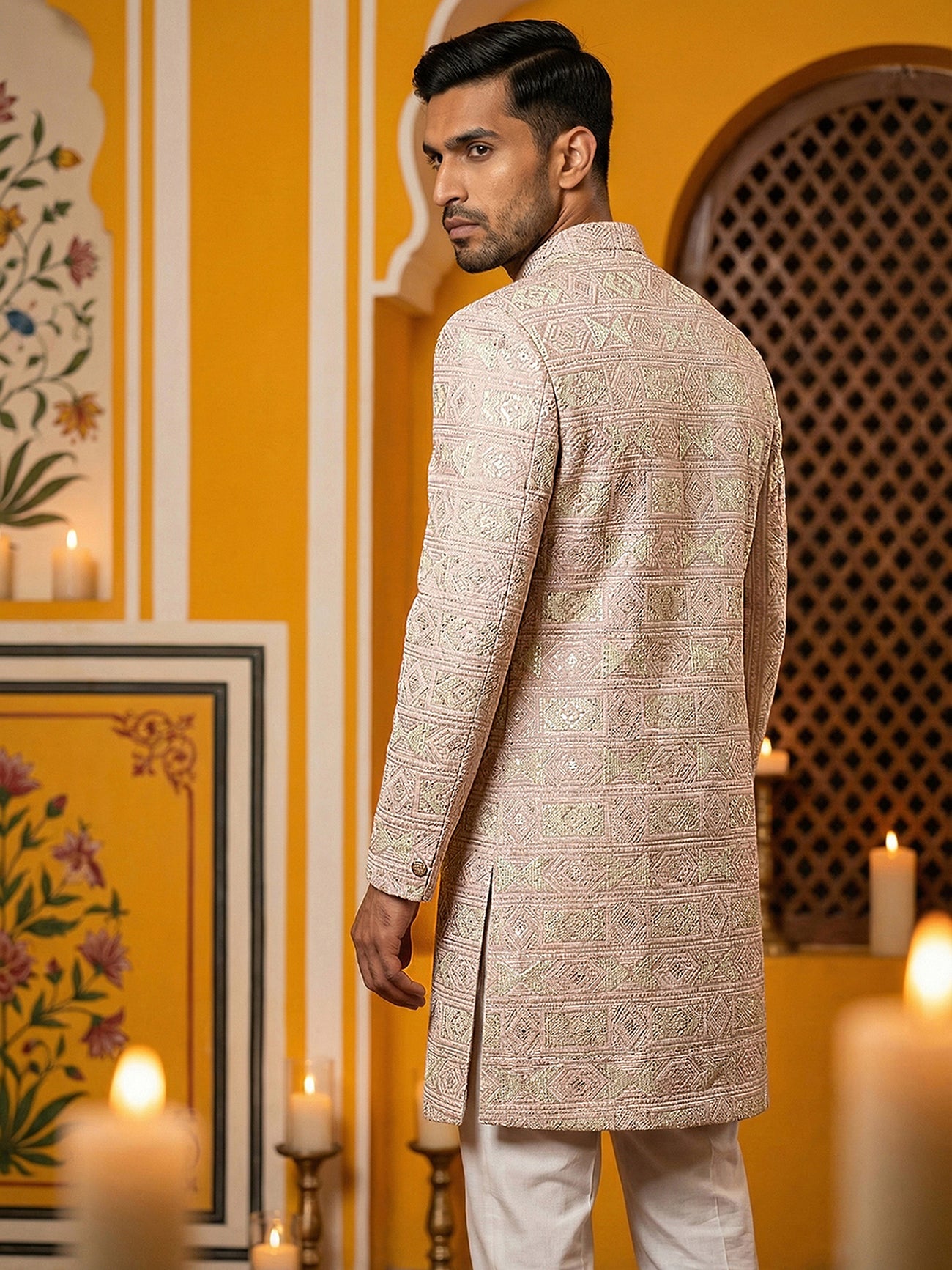 Silk Blend Embroidered Sherwani Set ( 50JIND 136Pink S )