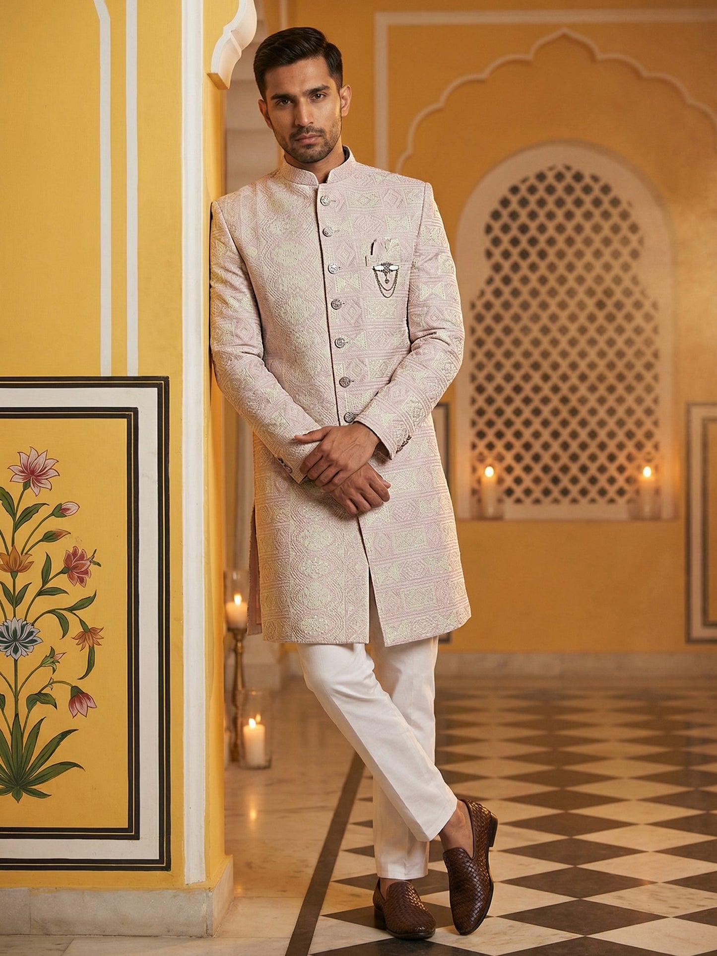 Silk Blend Embroidered Sherwani Set ( 50JIND 136Pink S )