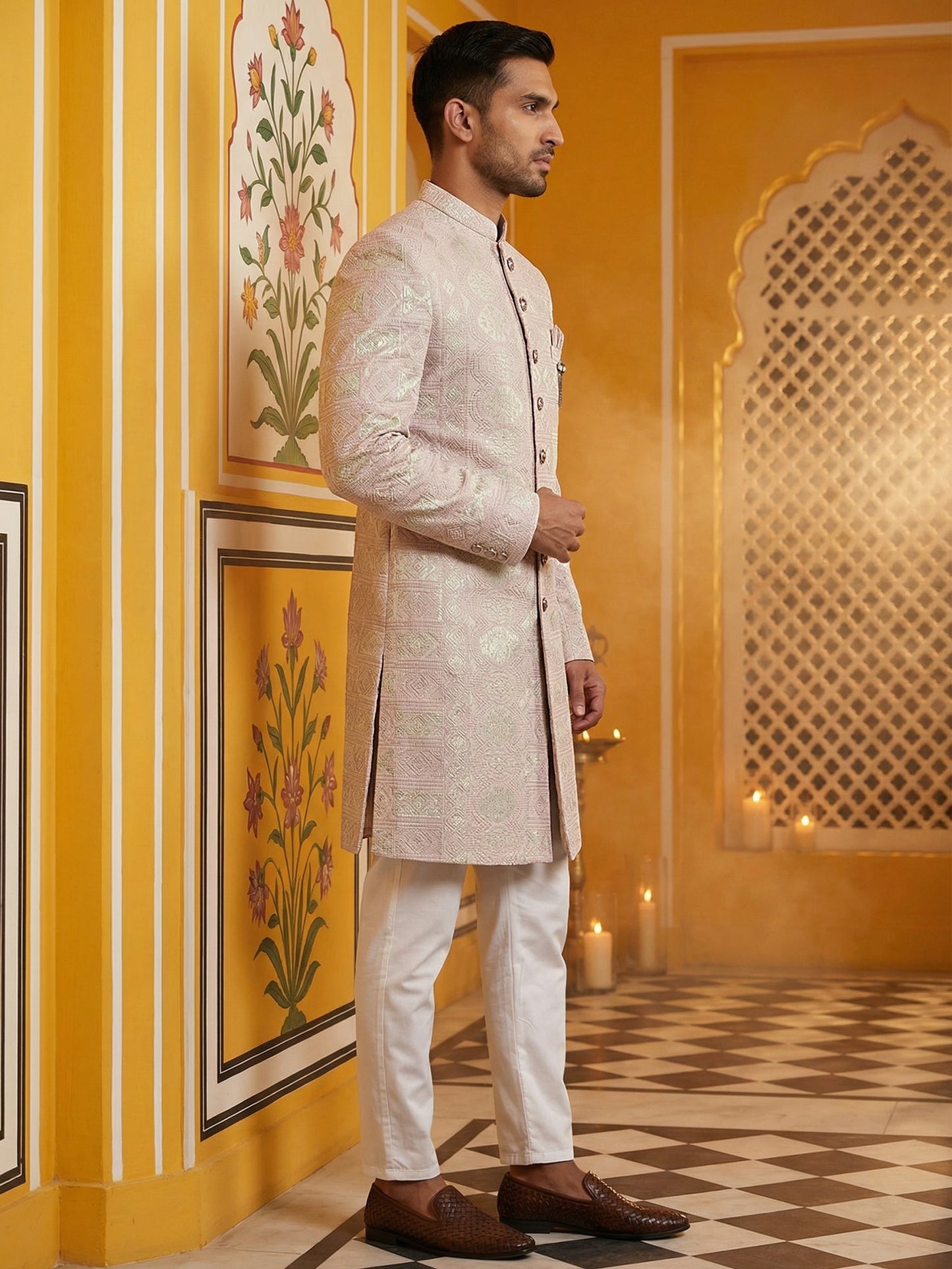 Silk Blend Embroidered Sherwani Set ( 50JIND 136Pink S )