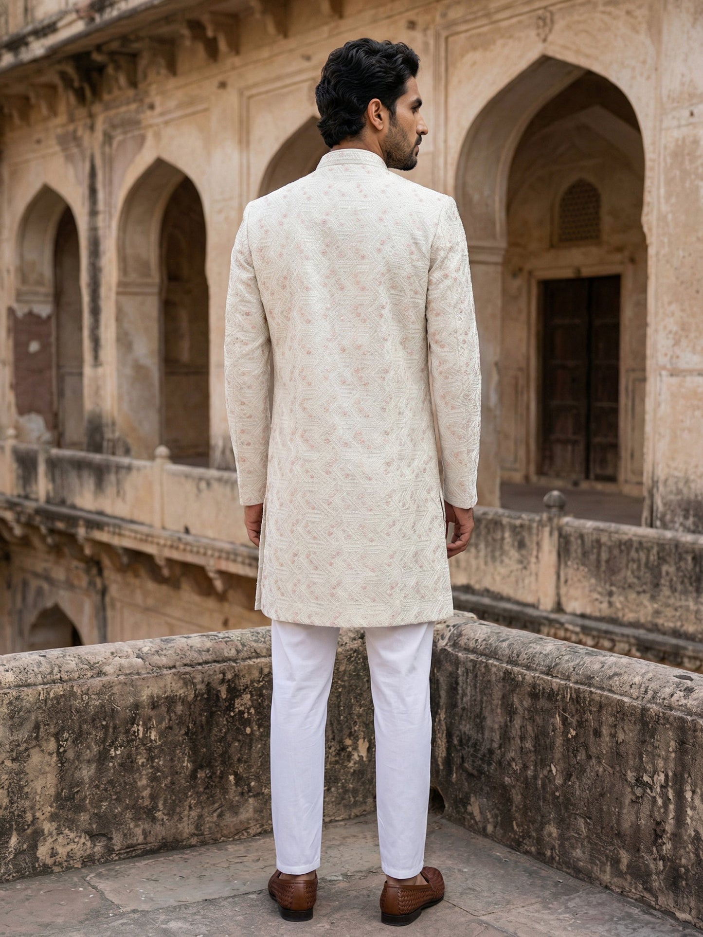 Jacquard Silk Sherwani Set ( 50JIND 137Cream S )