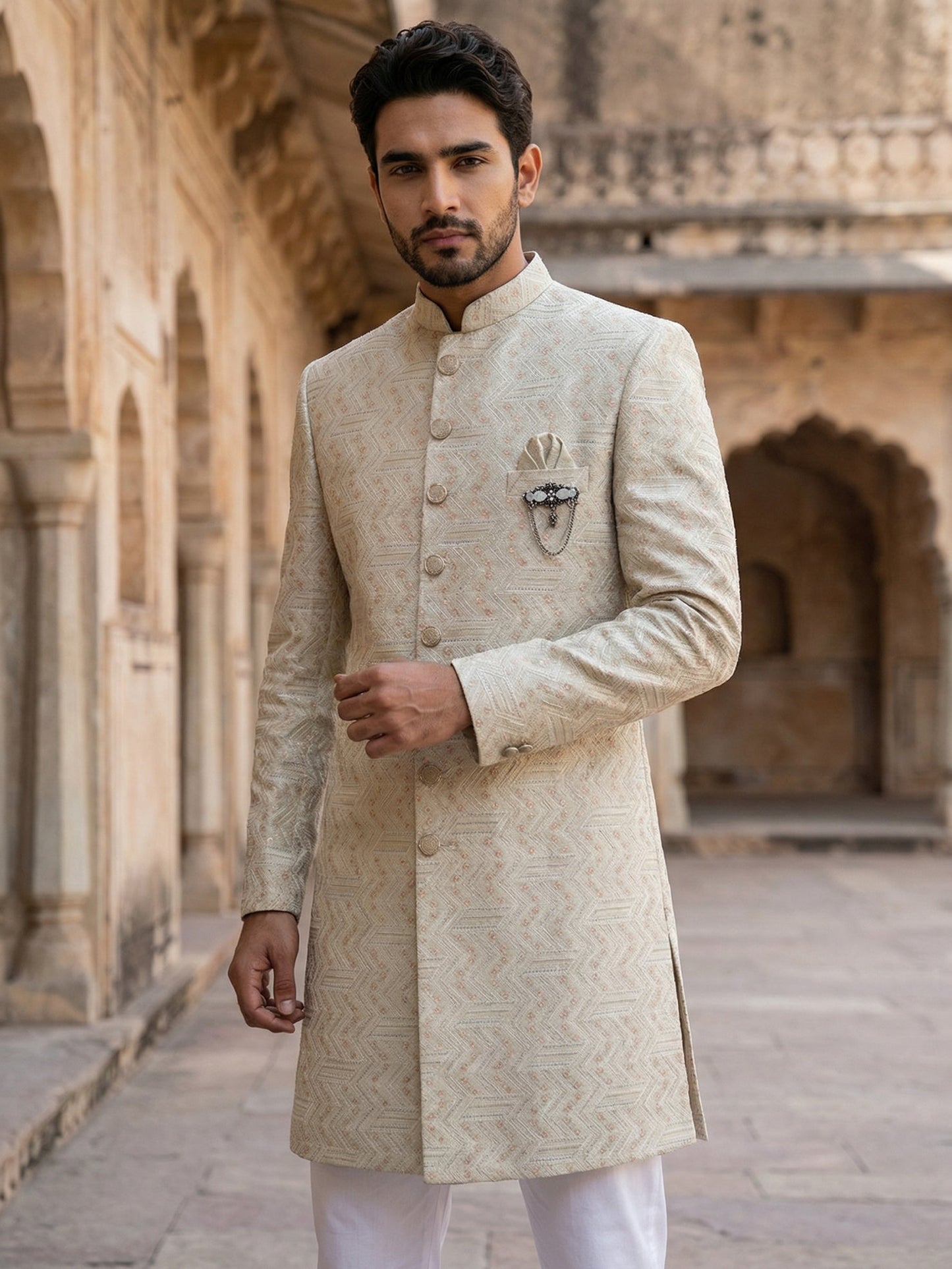 Jacquard Silk Sherwani Set ( 50JIND 137Cream S )