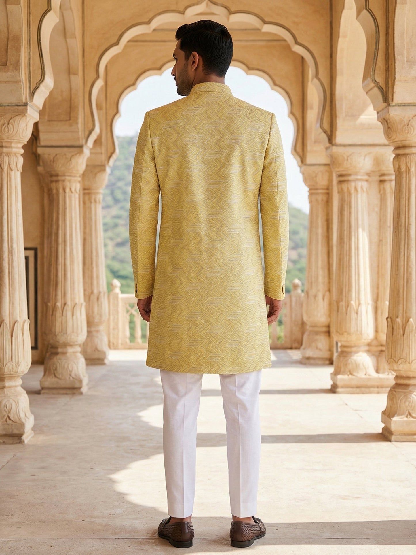 Jacquard Silk Sherwani Set ( 50JIND 137Yellow S )