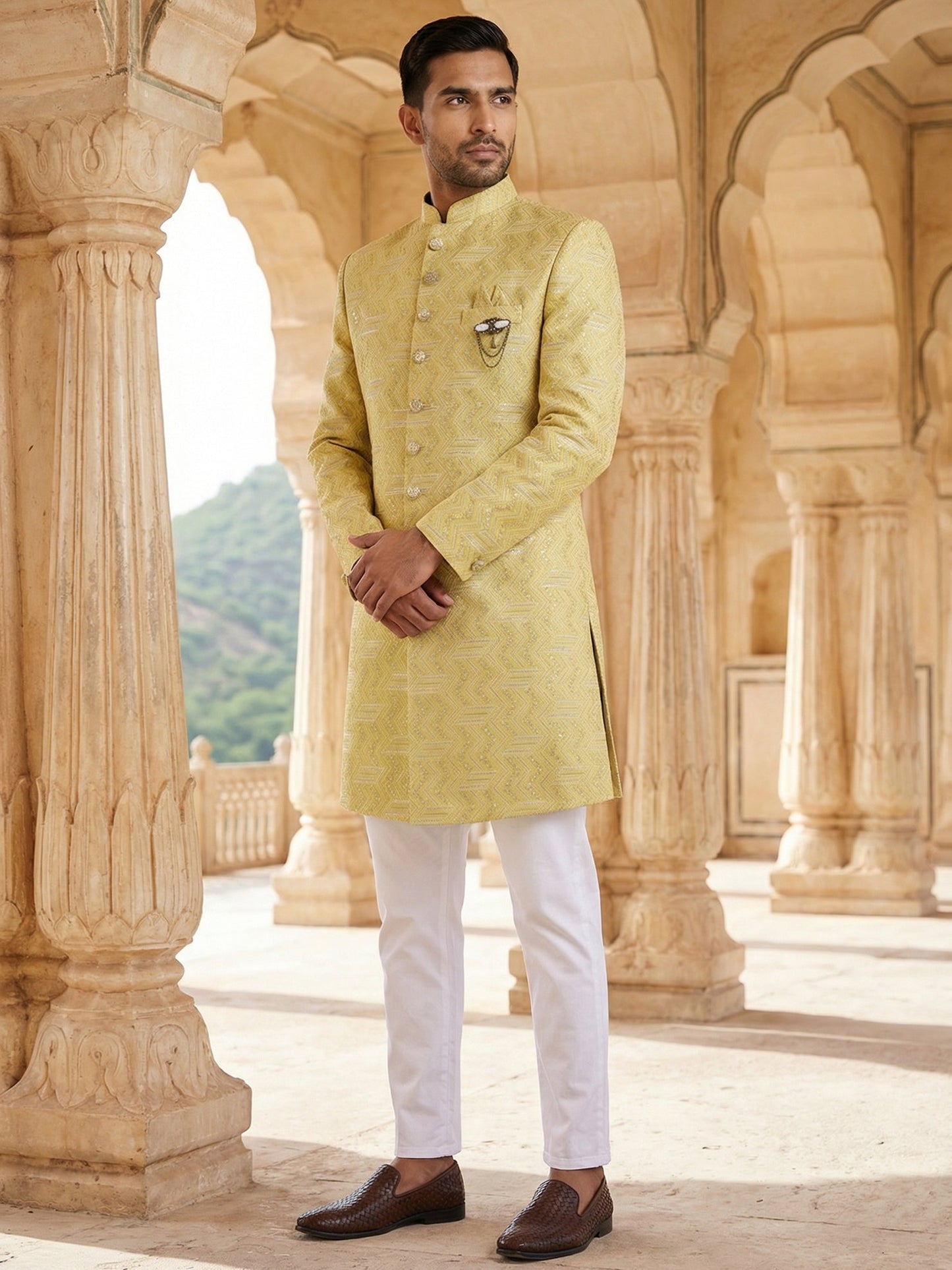 Jacquard Silk Sherwani Set ( 50JIND 137Yellow S )