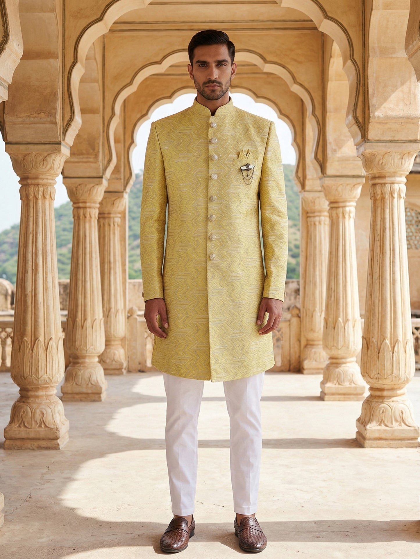 Jacquard Silk Sherwani Set ( 50JIND 137Yellow S )