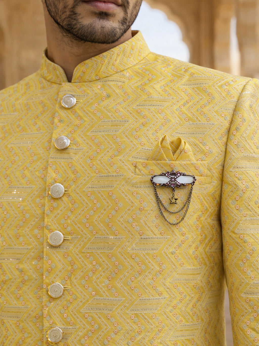 Jacquard Silk Sherwani Set ( 50JIND 137Yellow S )