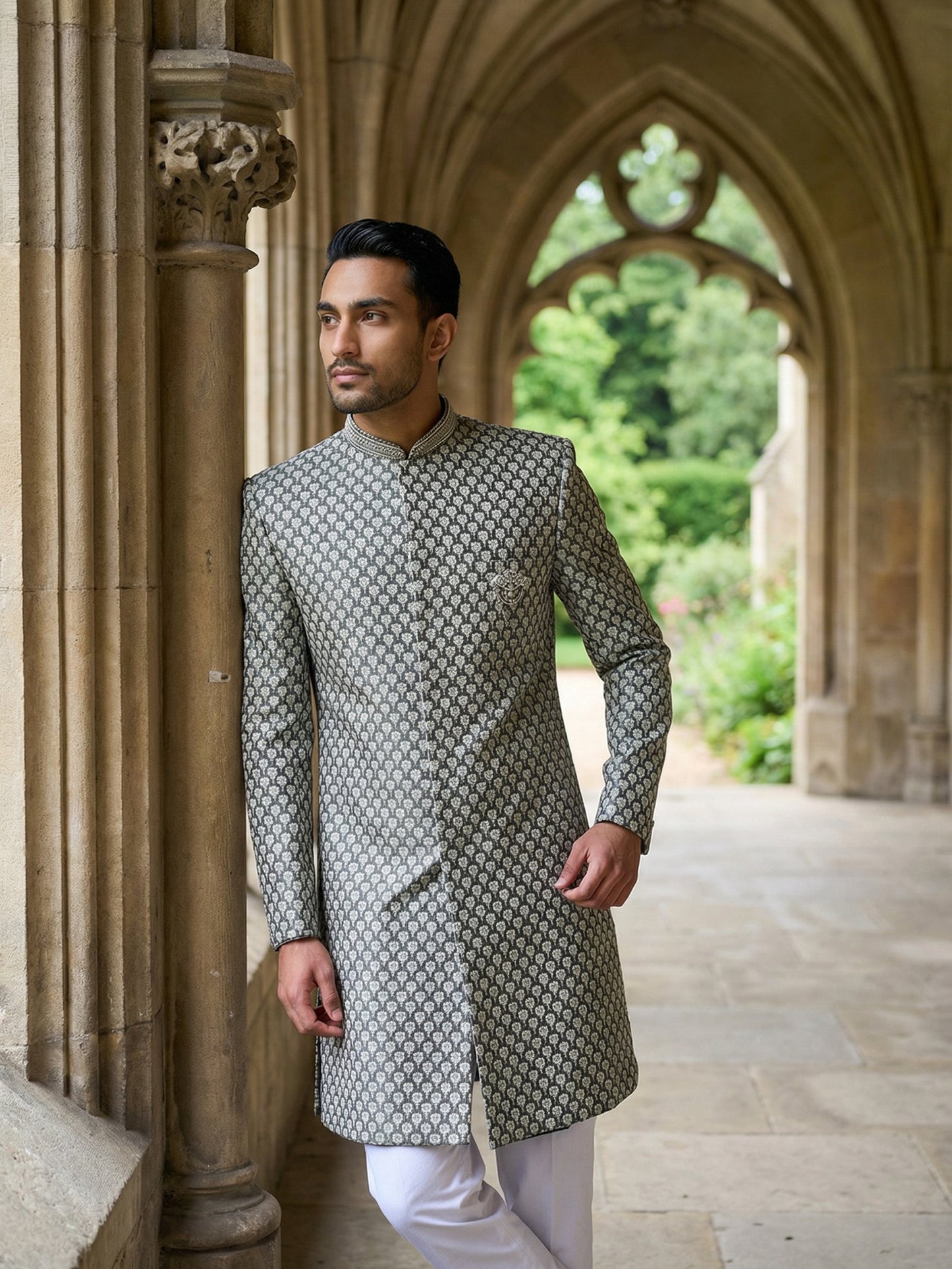 Men Premium Woven Design Sherwani Set ( 50JIND 138Olive S )