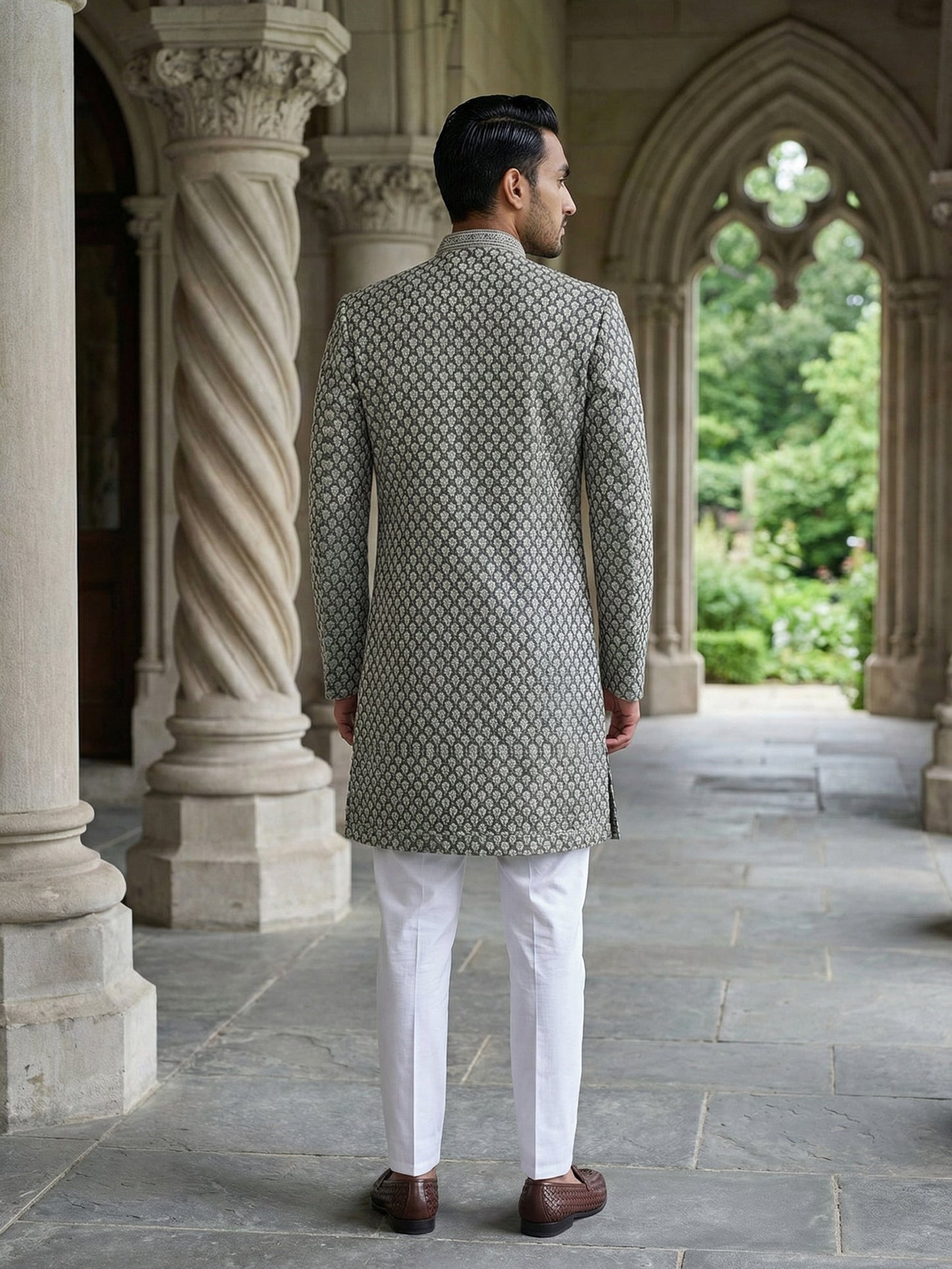 Men Premium Woven Design Sherwani Set ( 50JIND 138Olive S )