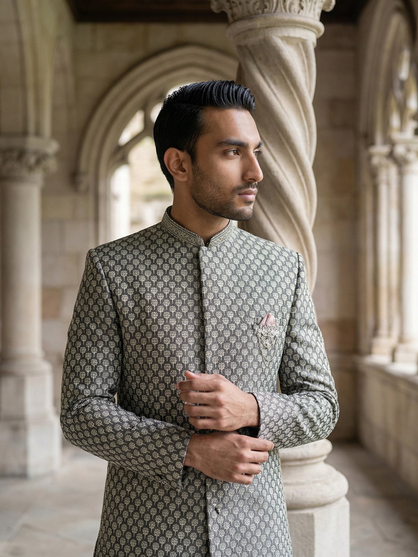 Men Premium Woven Design Sherwani Set ( 50JIND 138Olive S )