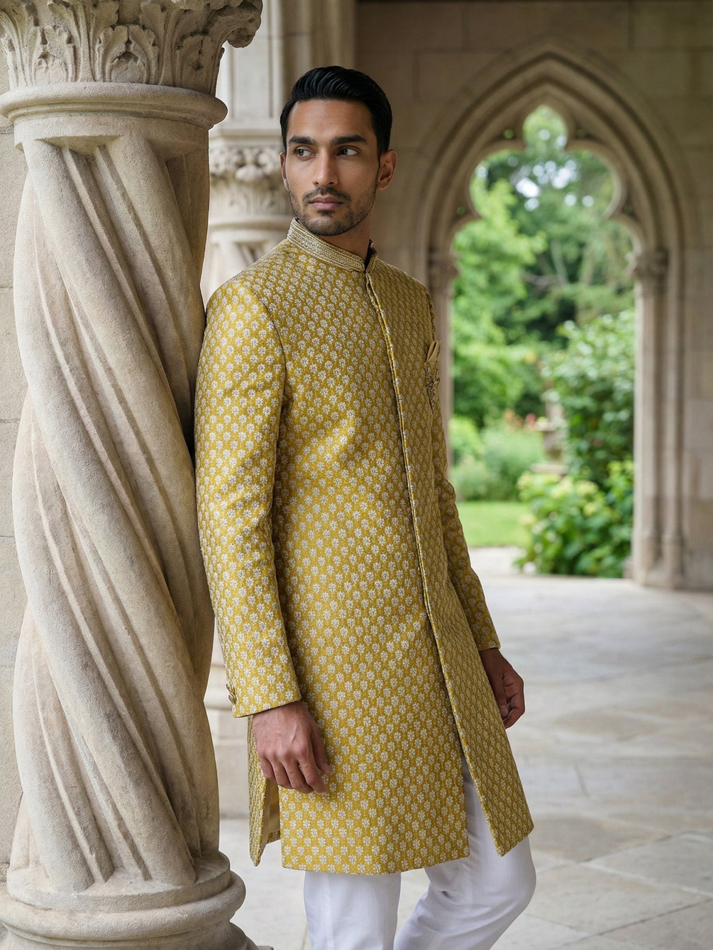 Men Premium Woven Design Sherwani Set ( 50JIND 138Yellow S )