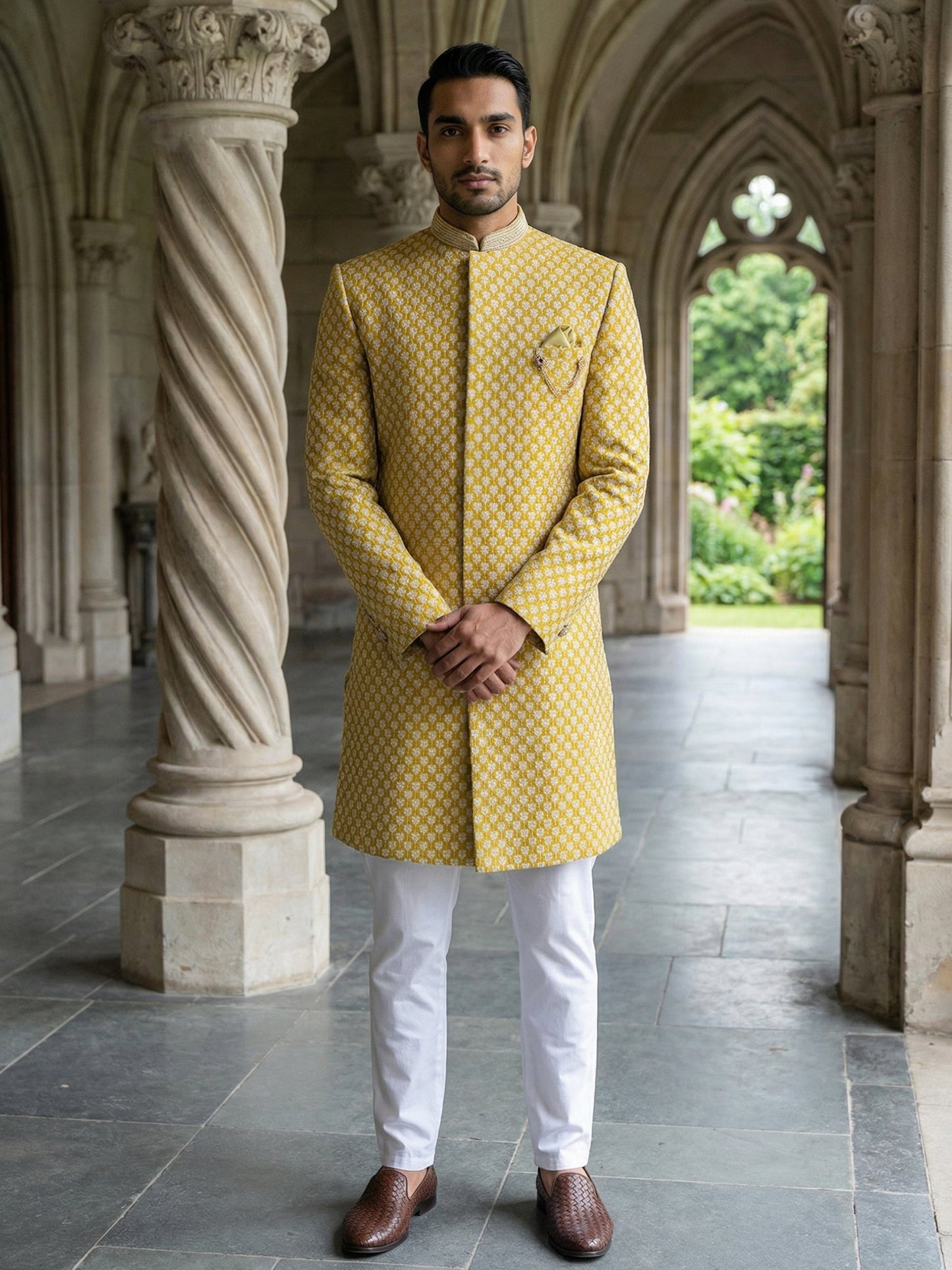 Men Premium Woven Design Sherwani Set ( 50JIND 138Yellow S )