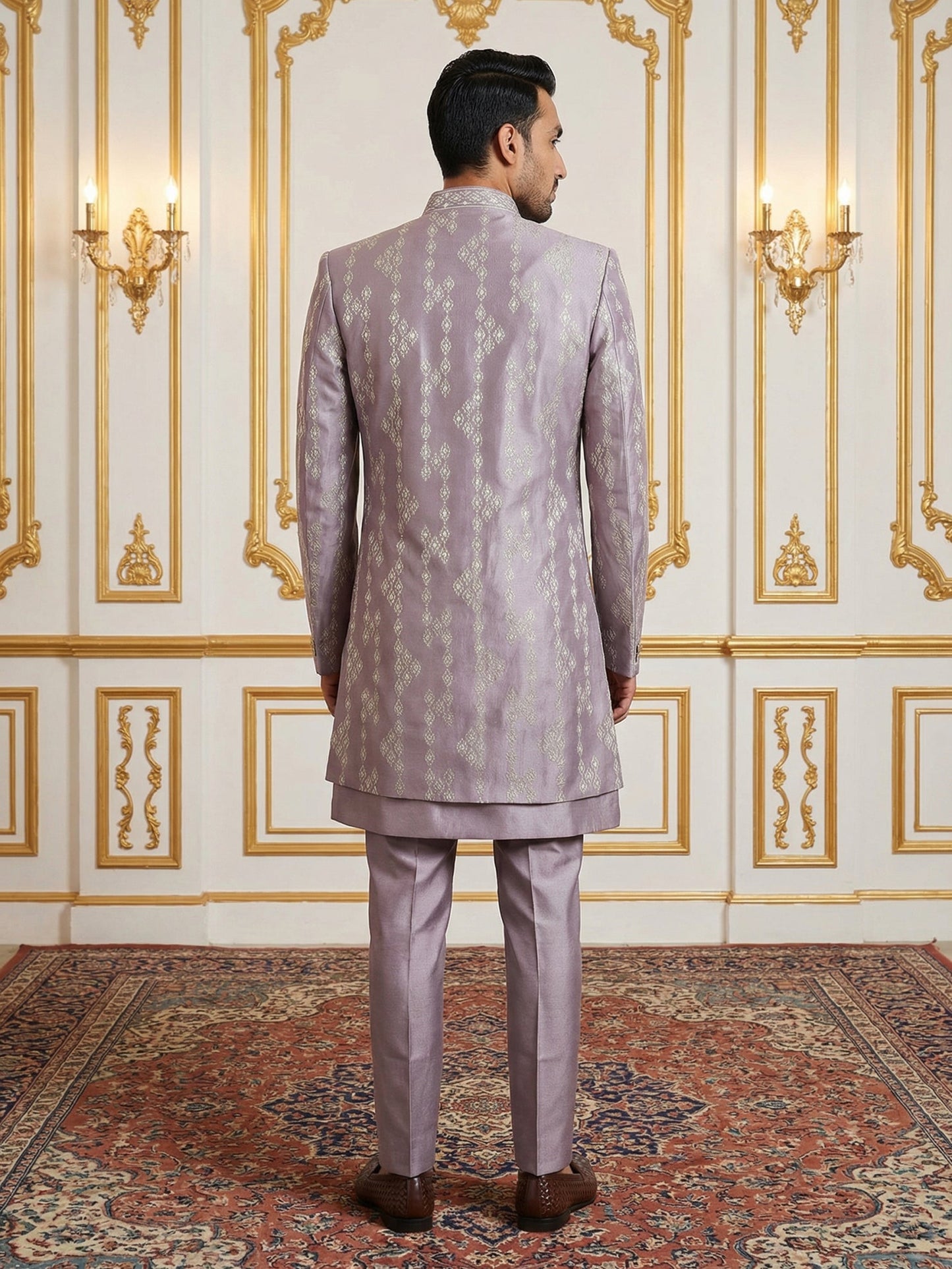Men Silk Blend Embroidered Sherwani Set ( 50JIND 139Lavender S )