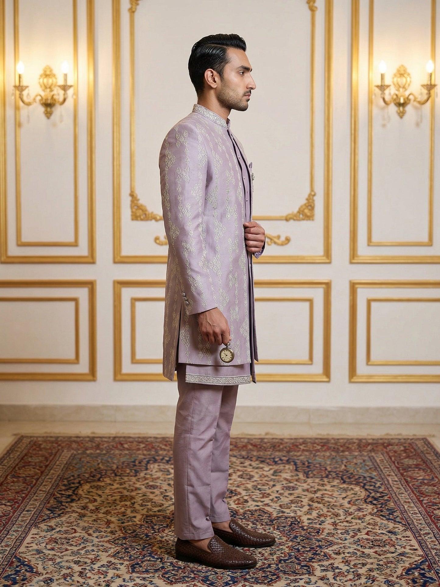 Men Silk Blend Embroidered Sherwani Set ( 50JIND 139Lavender S )