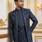 Silk Blend Floral Embroidered Sherwani Set ( 50JIND 140Navy S )