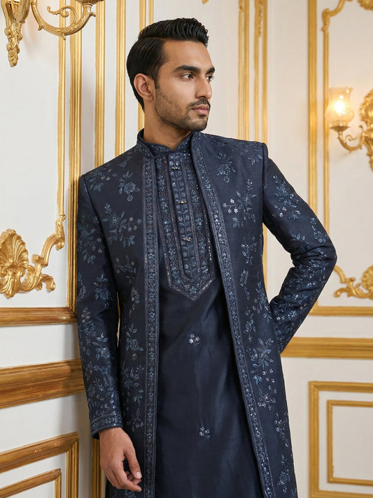 Silk Blend Floral Embroidered Sherwani Set ( 50JIND 140Navy S )