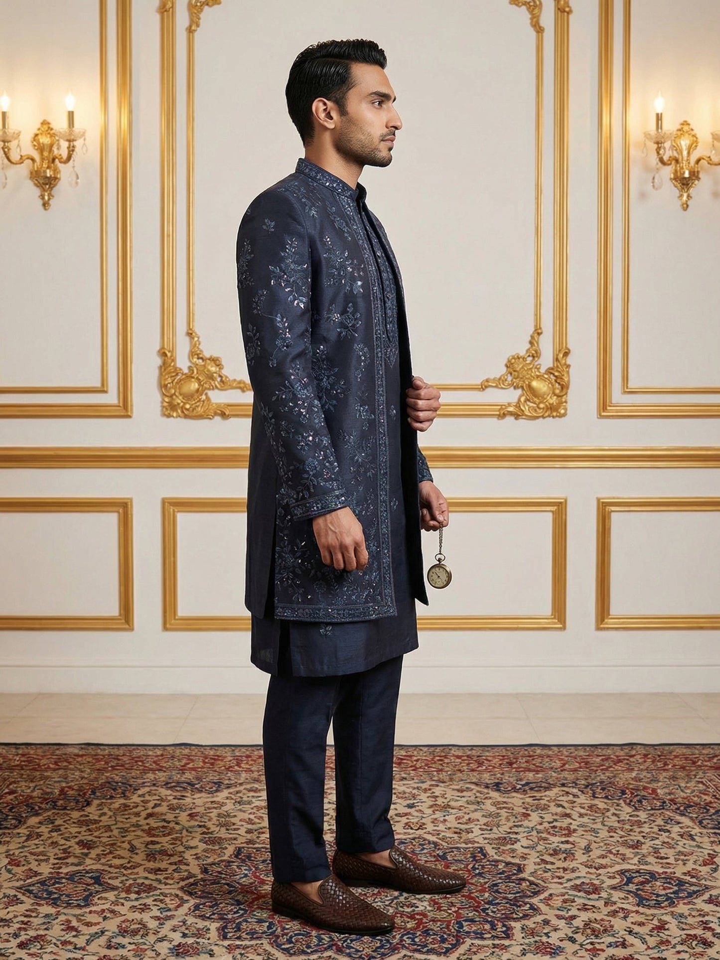 Silk Blend Floral Embroidered Sherwani Set ( 50JIND 140Navy S )