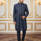 Silk Blend Floral Embroidered Sherwani Set ( 50JIND 140Navy S )