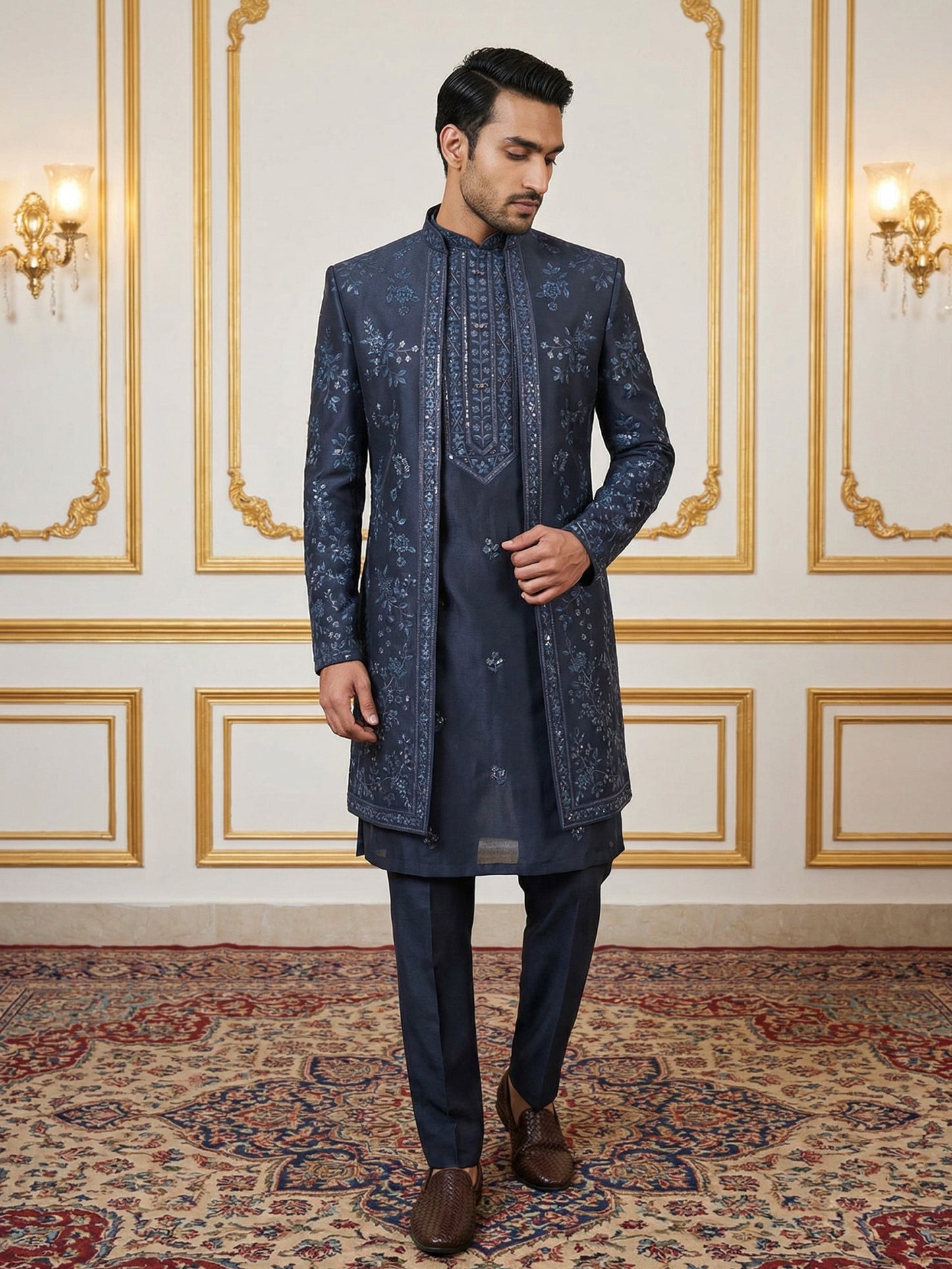 Silk Blend Floral Embroidered Sherwani Set ( 50JIND 140Navy S )