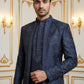 Silk Blend Floral Embroidered Sherwani Set ( 50JIND 140Navy S )