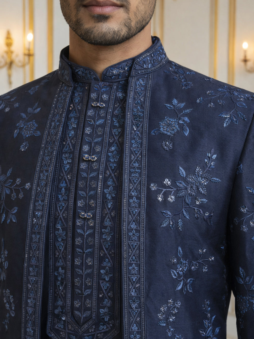 Silk Blend Floral Embroidered Sherwani Set ( 50JIND 140Navy S )