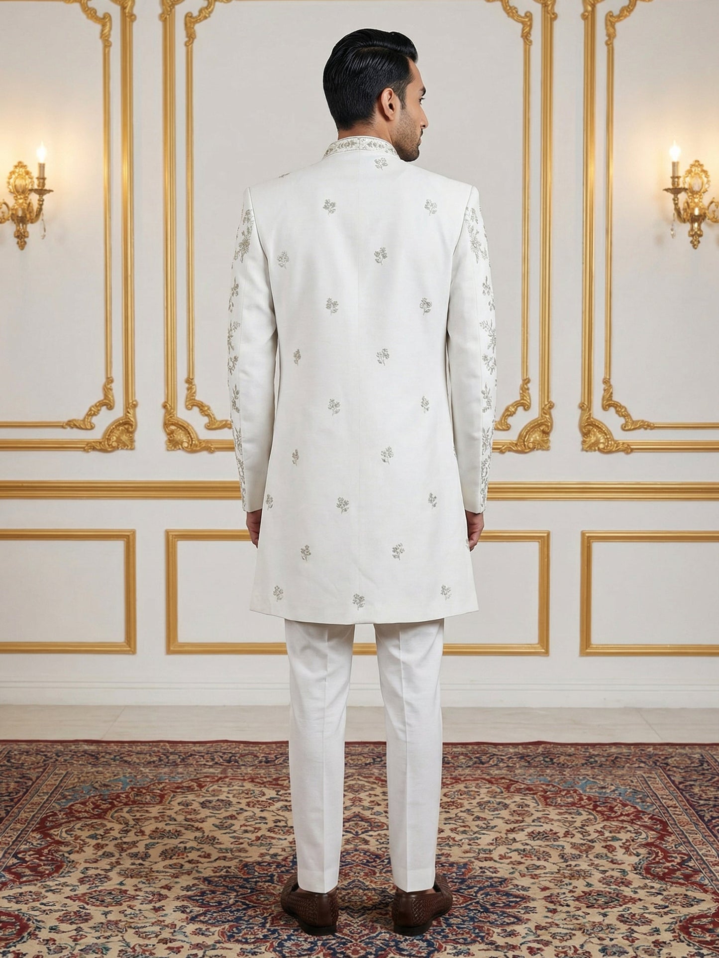 Silk Blend Floral Embroidered Sherwani Set ( 50JIND 140White S )
