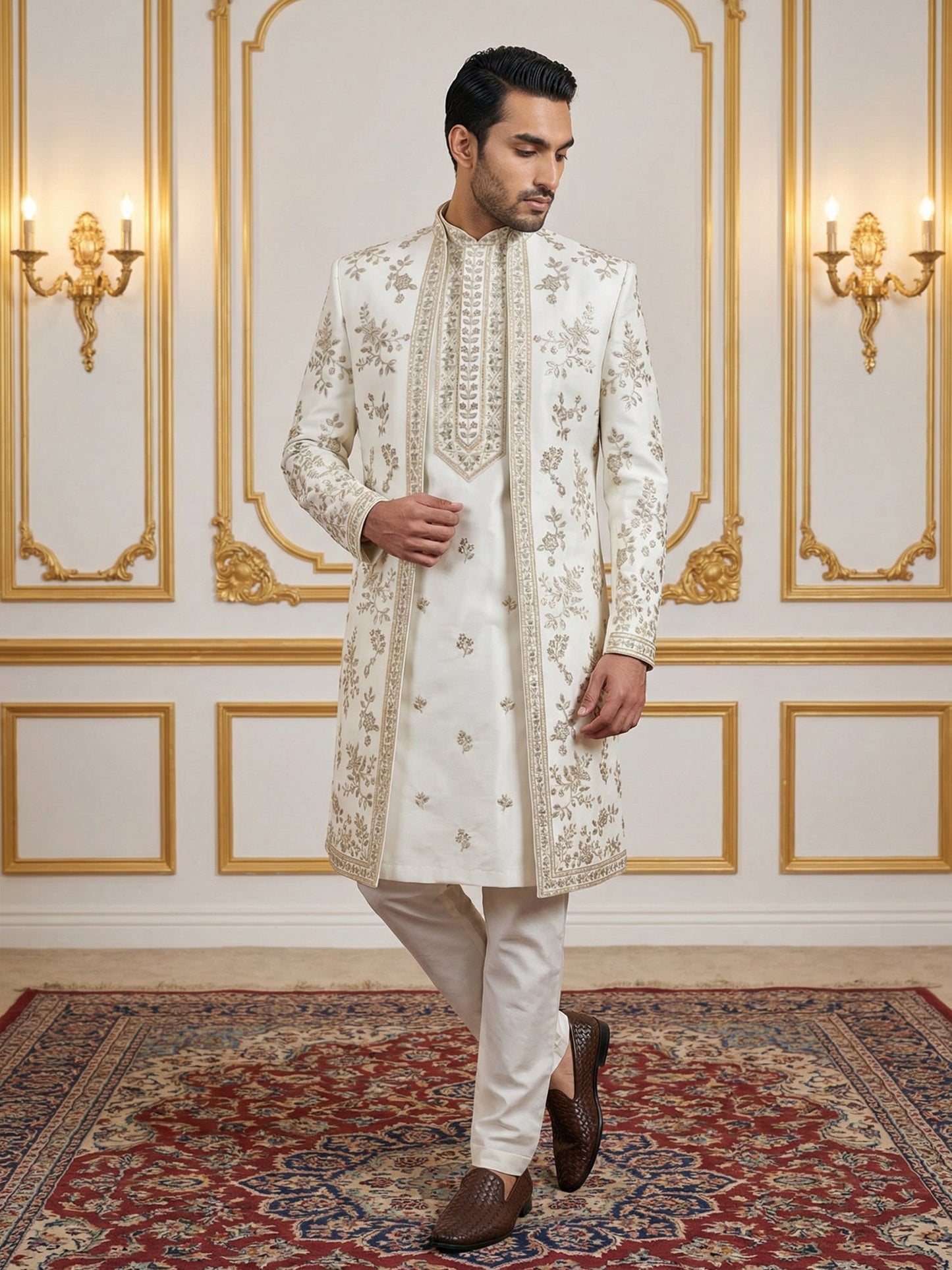 Silk Blend Floral Embroidered Sherwani Set ( 50JIND 140White S )