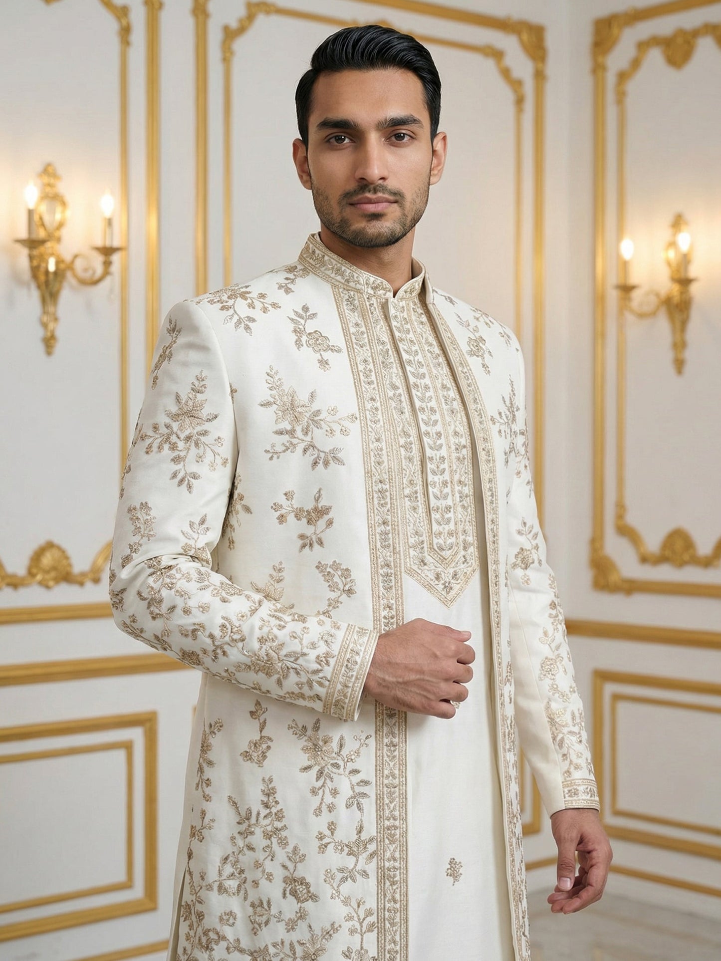 Silk Blend Floral Embroidered Sherwani Set ( 50JIND 140White S )