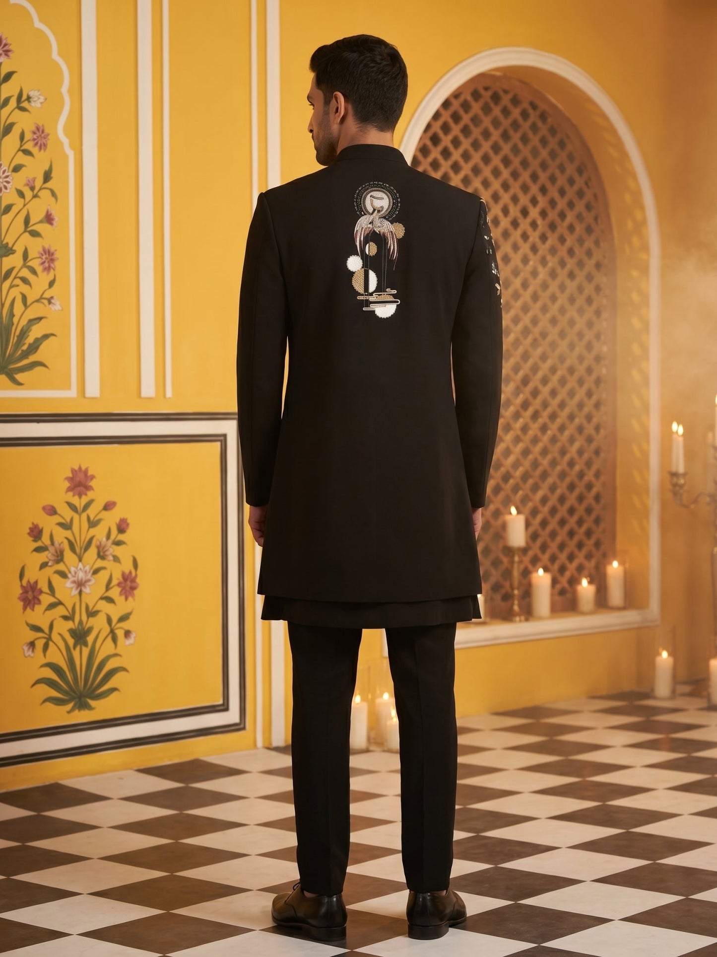 Japanese Fabric Embroidered Sherwani Set ( 50JIND 141Black )