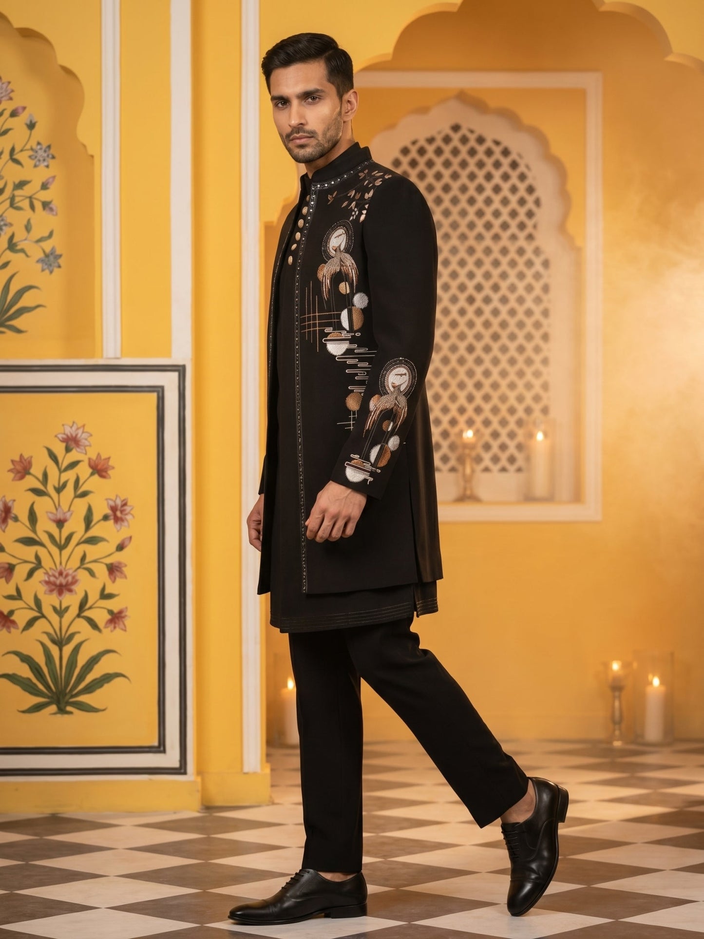 Japanese Fabric Embroidered Sherwani Set ( 50JIND 141Black )