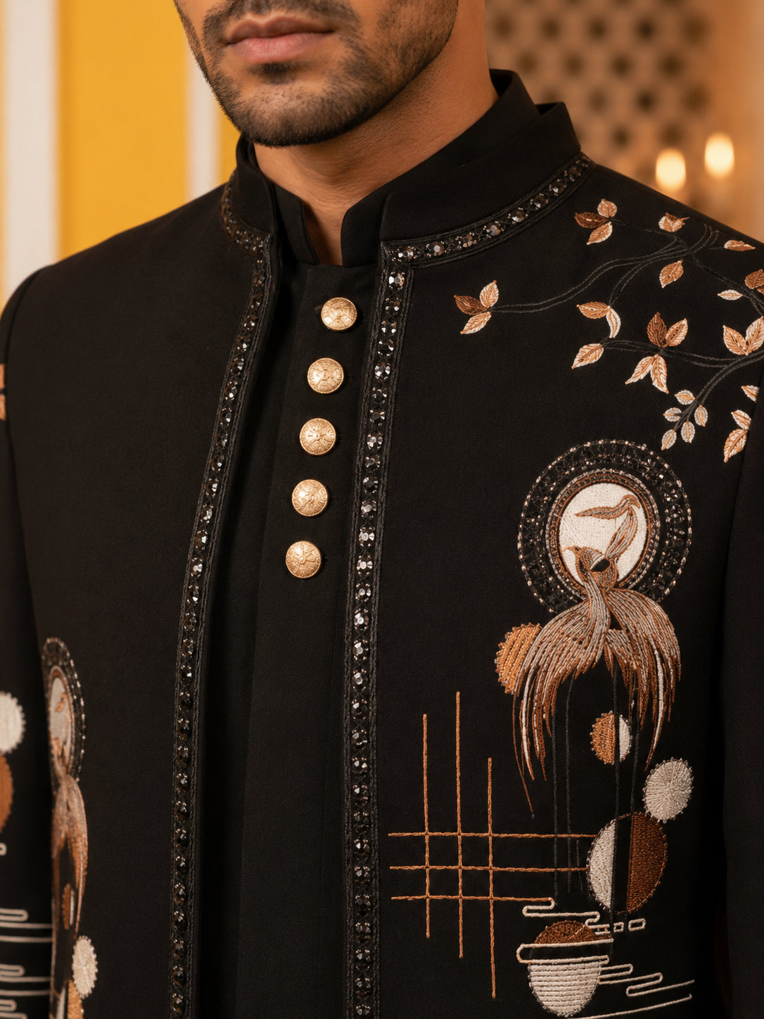 Japanese Fabric Embroidered Sherwani Set ( 50JIND 141Black )