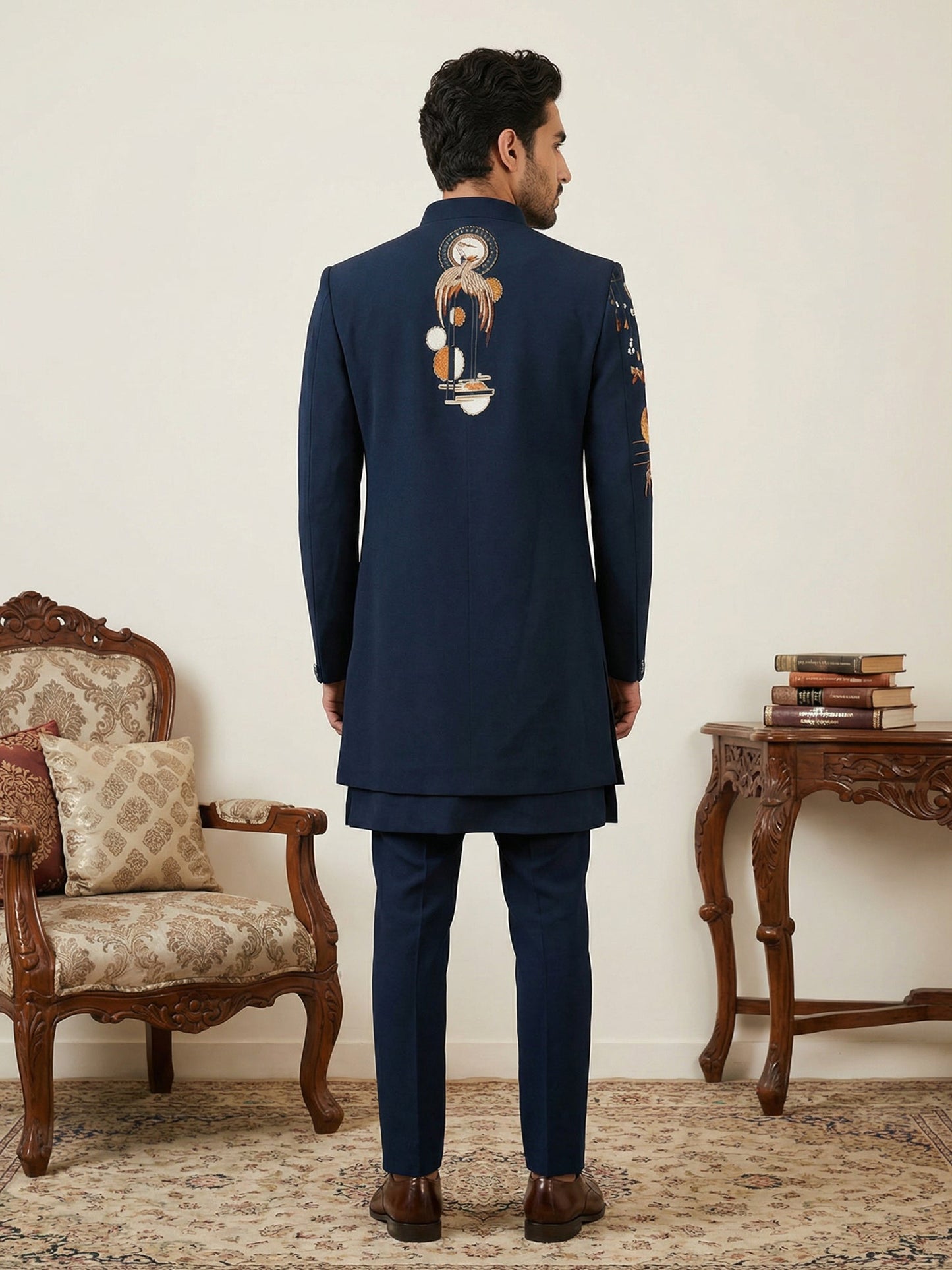 Japanese Fabric Embroidered Sherwani Set ( 50JIND 141Navy S )