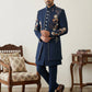 Japanese Fabric Embroidered Sherwani Set ( 50JIND 141Navy S )