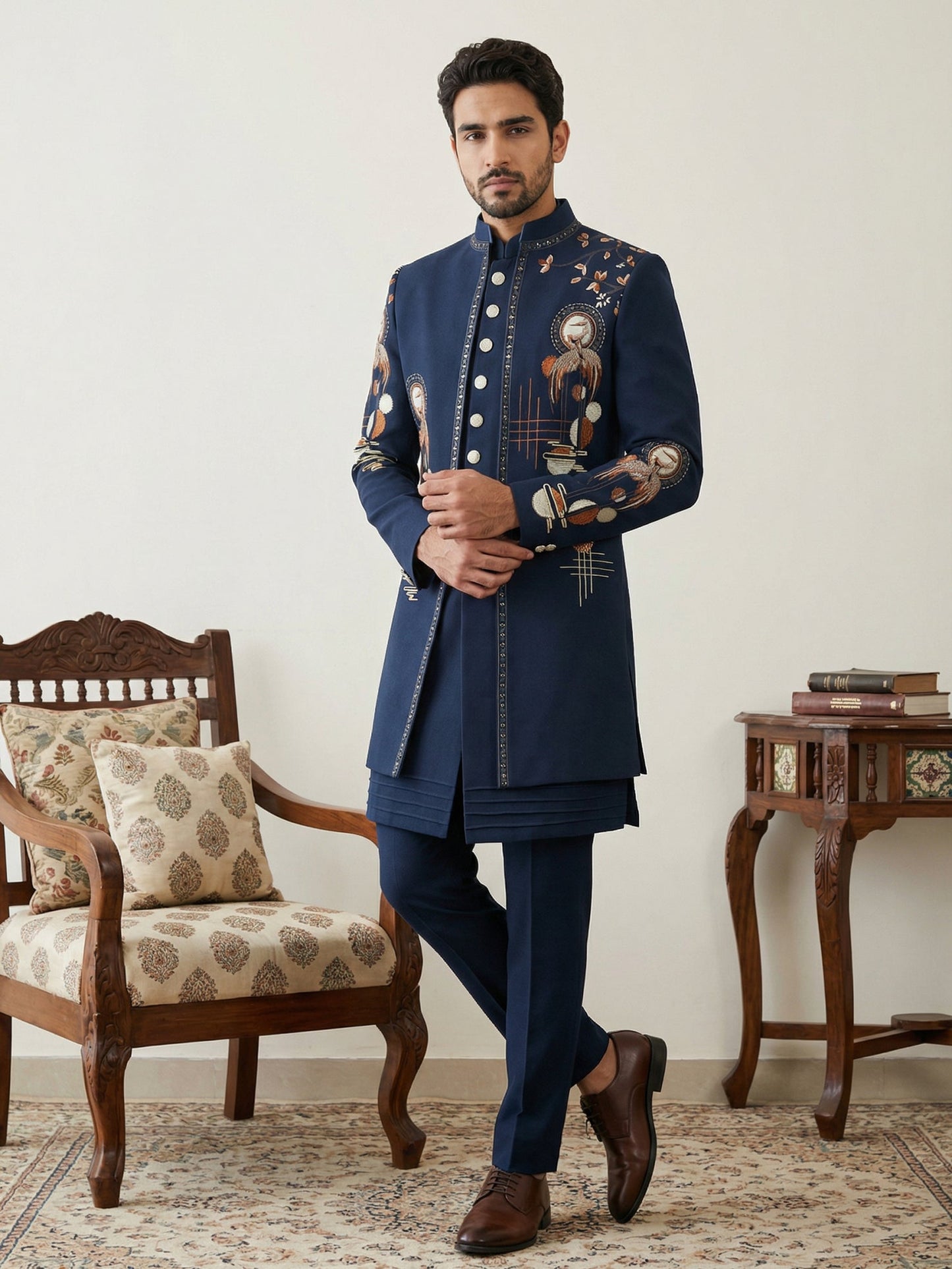 Japanese Fabric Embroidered Sherwani Set ( 50JIND 141Navy S )