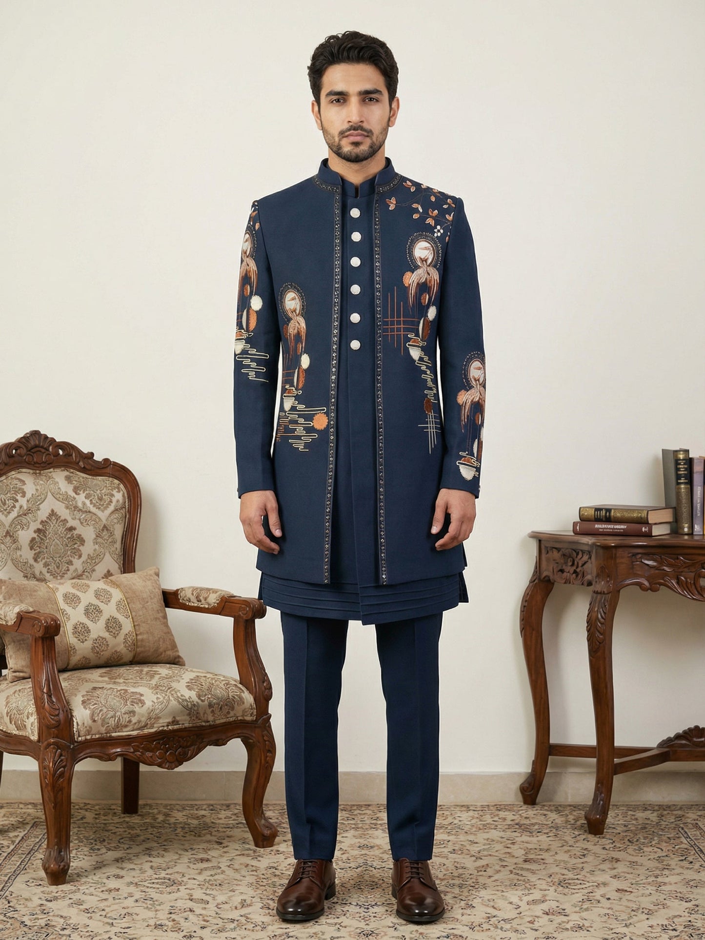 Japanese Fabric Embroidered Sherwani Set ( 50JIND 141Navy S )