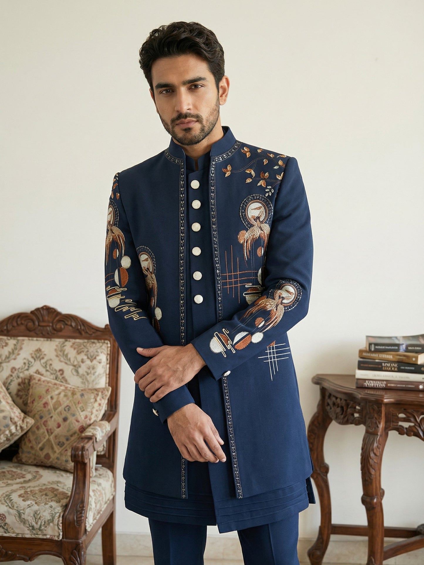 Japanese Fabric Embroidered Sherwani Set ( 50JIND 141Navy S )