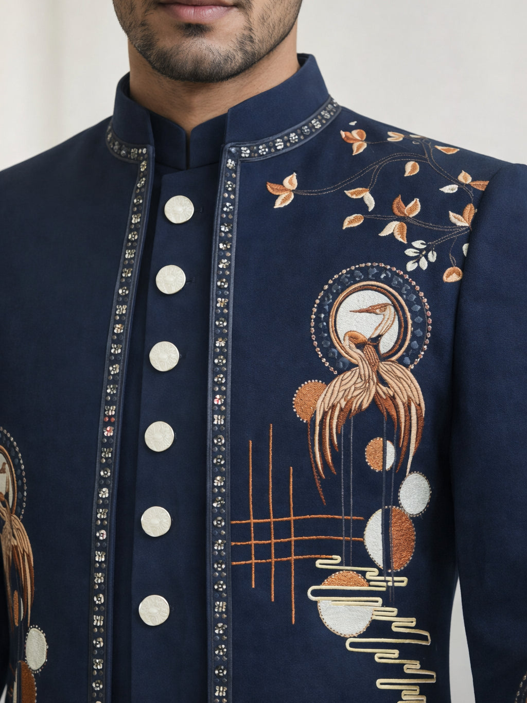 Japanese Fabric Embroidered Sherwani Set ( 50JIND 141Navy S )