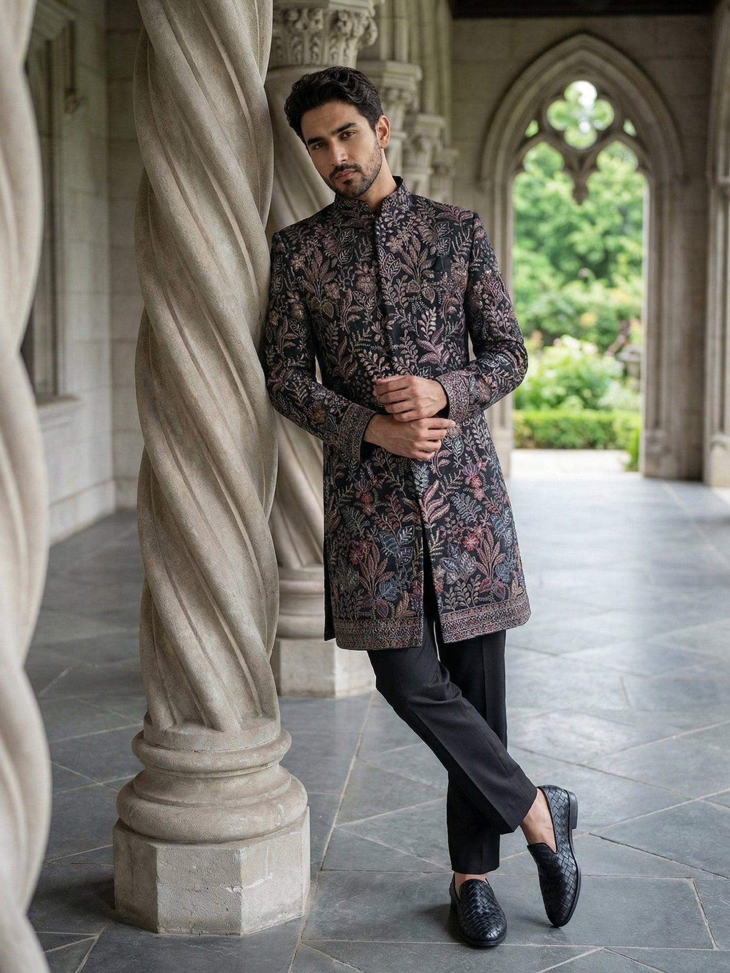 Ethnic Velvet Embroidered Sherwani Set ( 50JIND 142Black S )