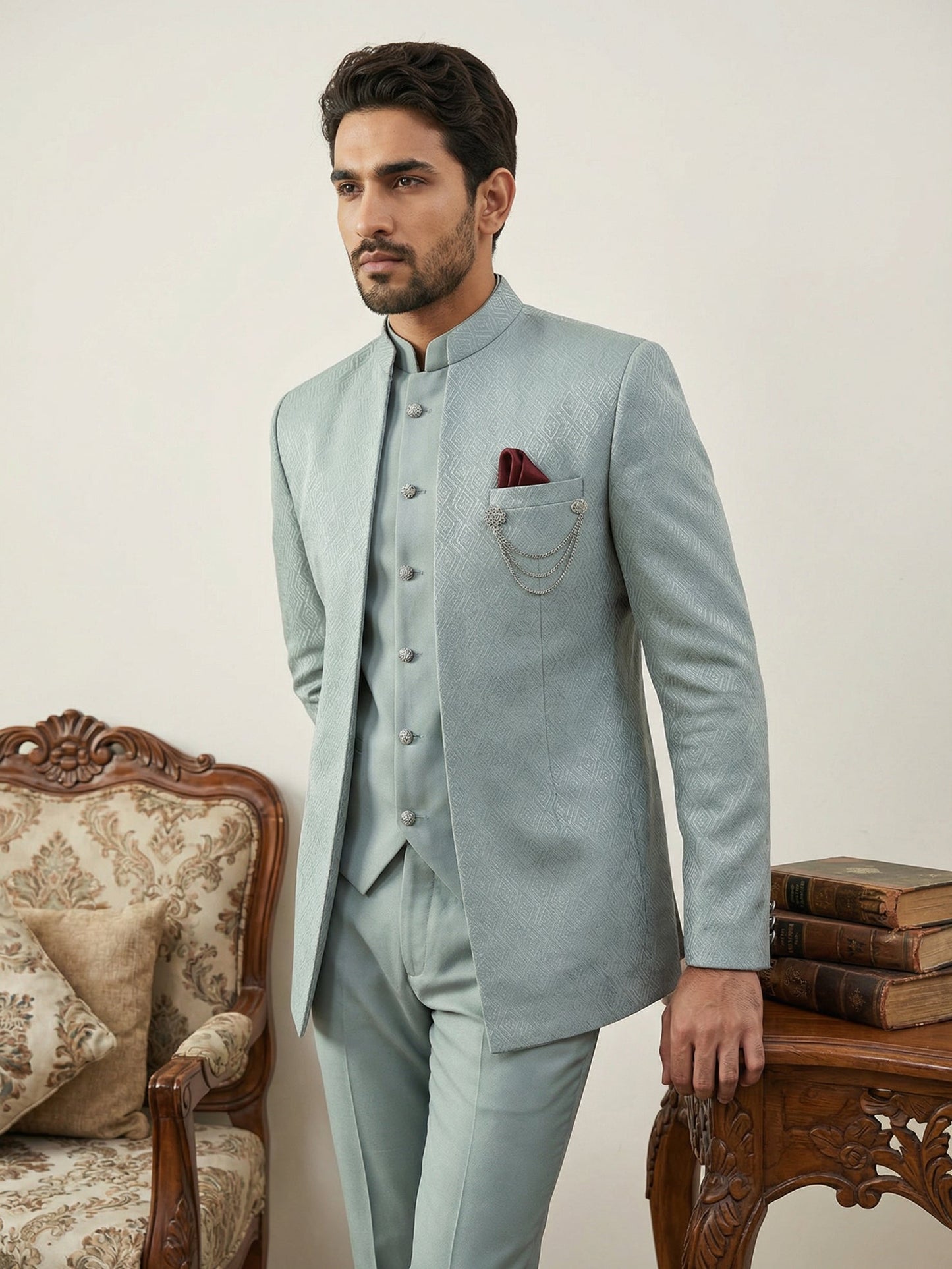 Cotton Blend Textured Indo-Western Set ( 50JIND 143Sky S )