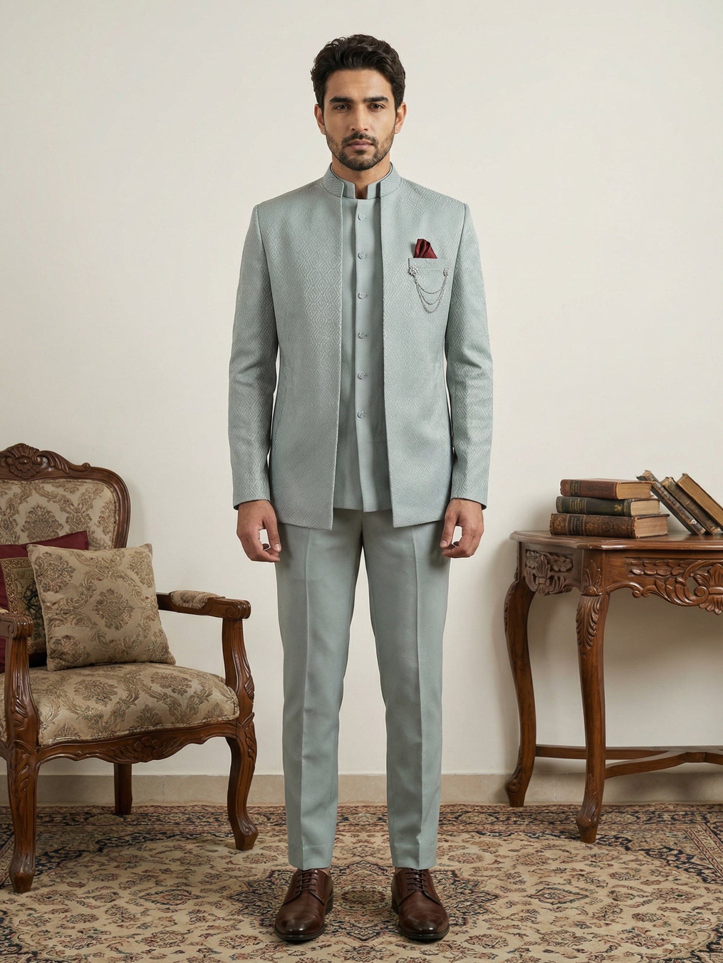 Cotton Blend Textured Indo-Western Set ( 50JIND 143Sky S )