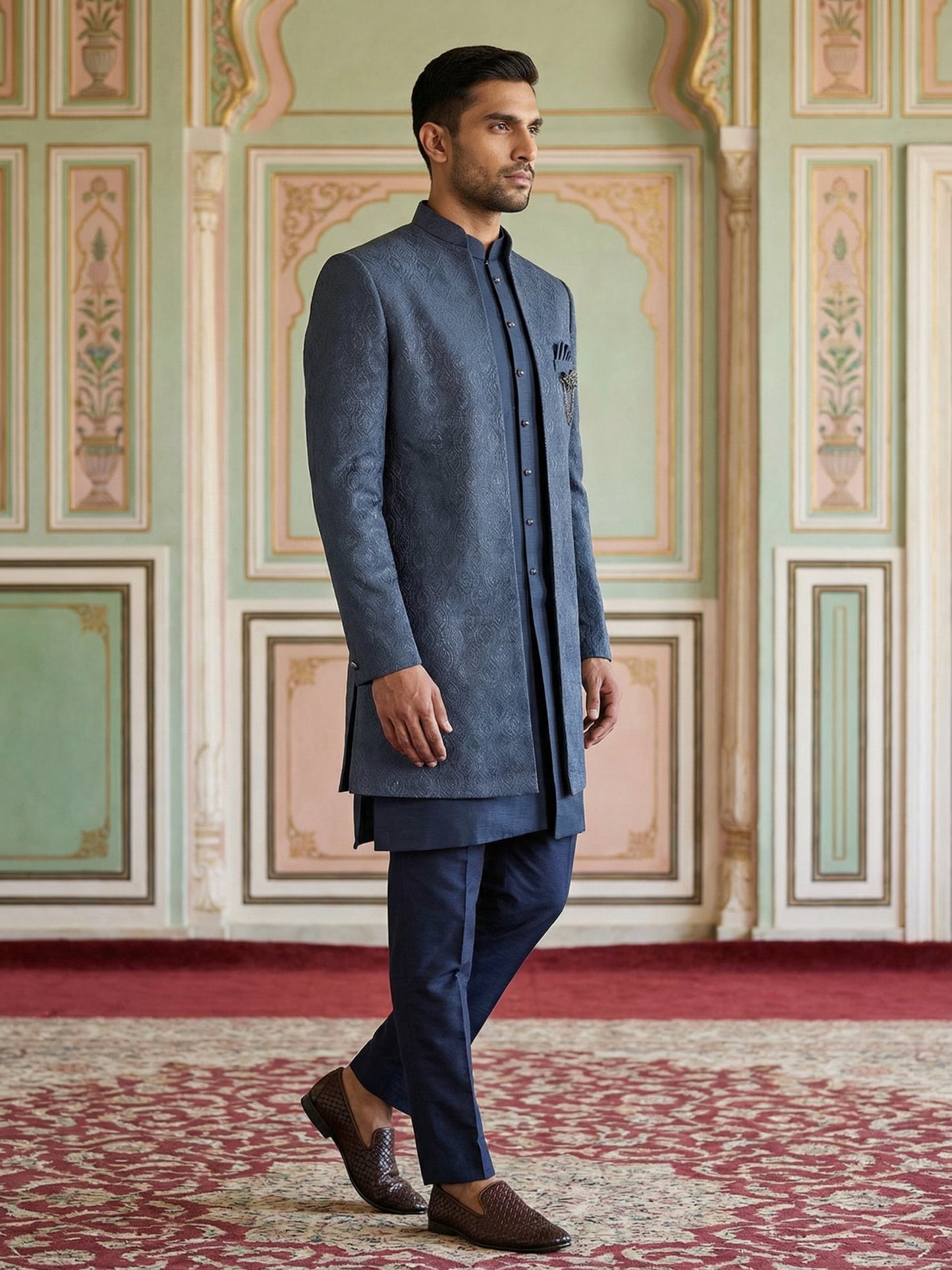 Designer Cotton Blend Sherwani Set ( 50JIND 144Navy S )