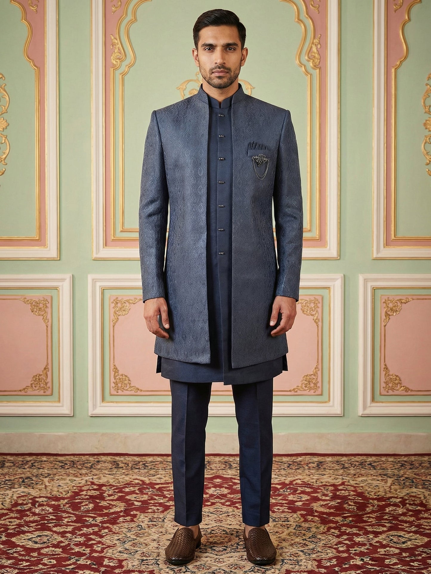 Designer Cotton Blend Sherwani Set ( 50JIND 144Navy S )