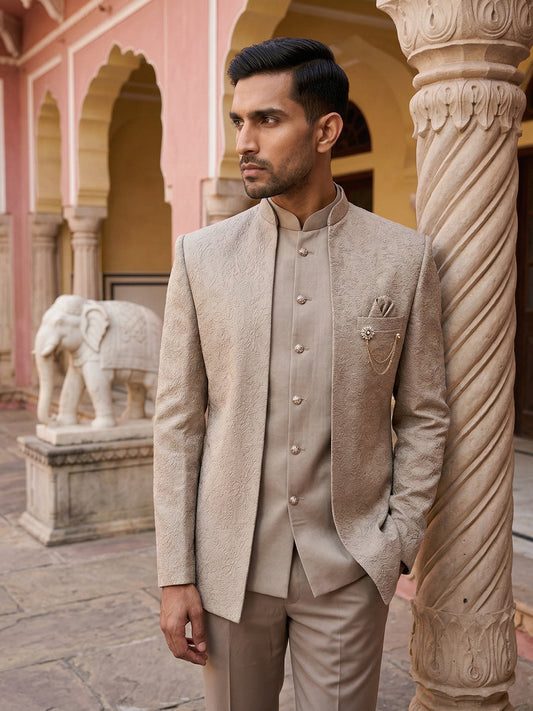 Men’s Premium Embroidered Indo-Western Set ( 50JIND 147Beige S )