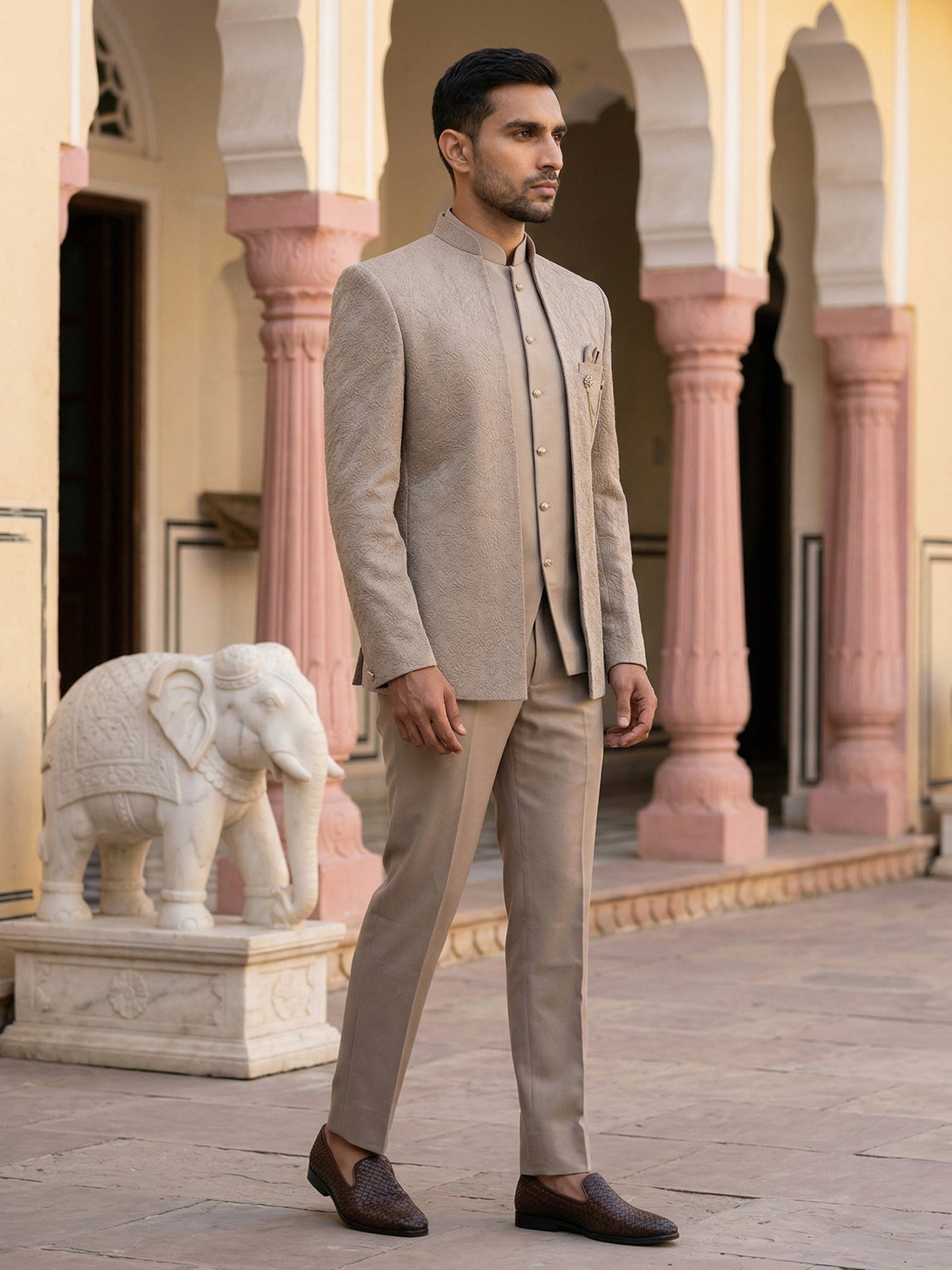 Men’s Premium Embroidered Indo-Western Set ( 50JIND 147Beige S )