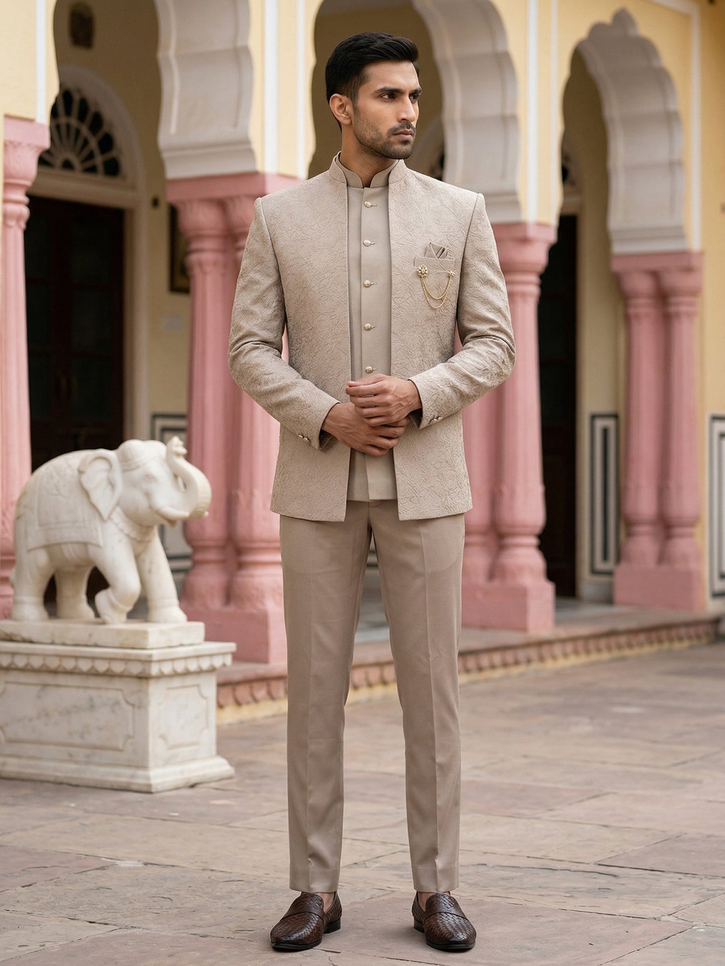 Men’s Premium Embroidered Indo-Western Set ( 50JIND 147Beige S )