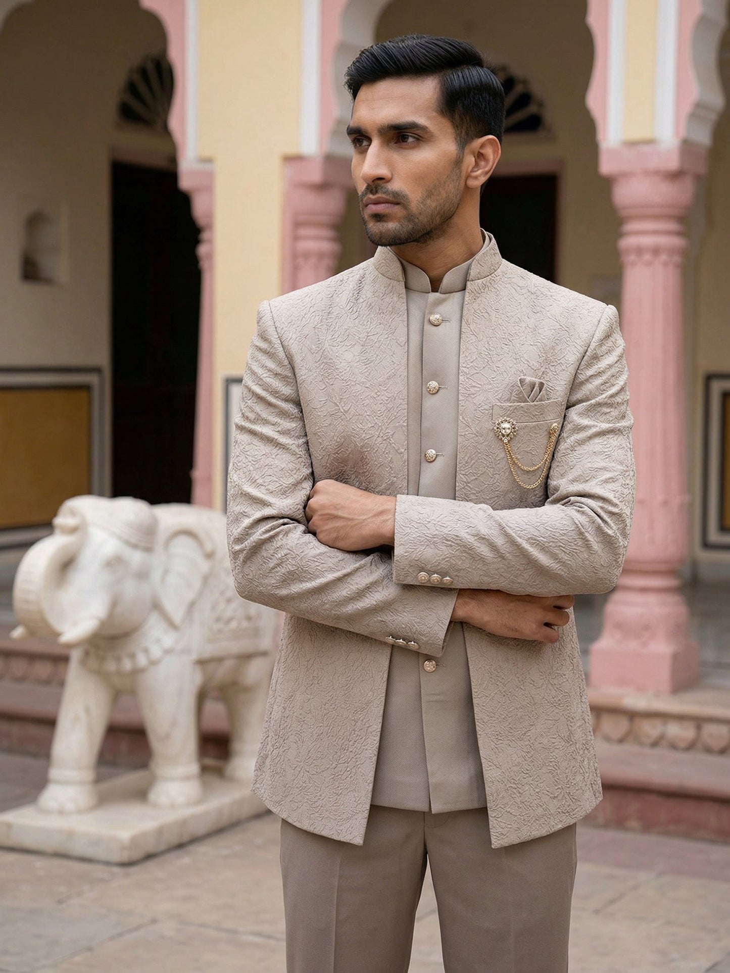 Men’s Premium Embroidered Indo-Western Set ( 50JIND 147Beige S )