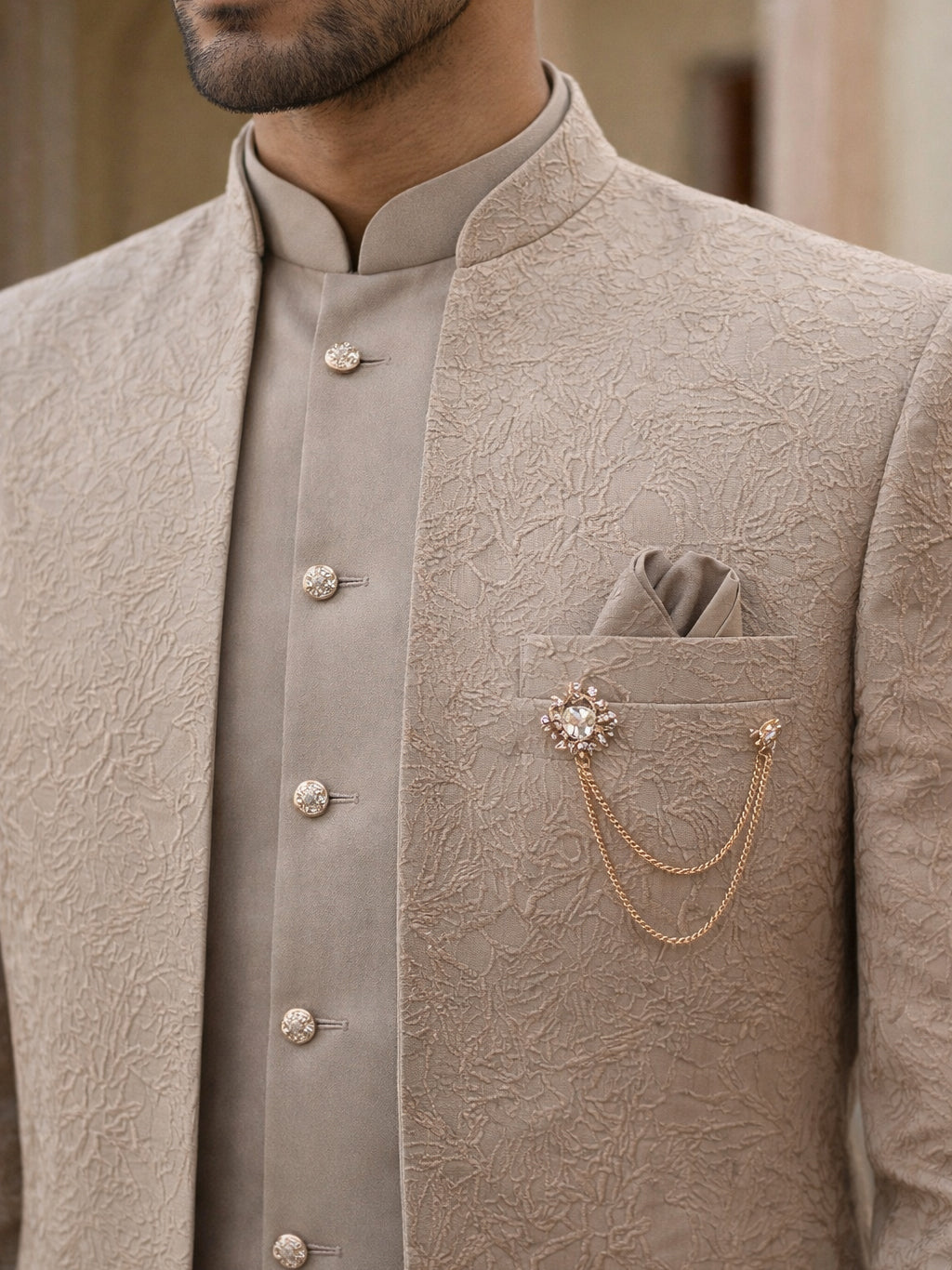 Men’s Premium Embroidered Indo-Western Set ( 50JIND 147Beige S )
