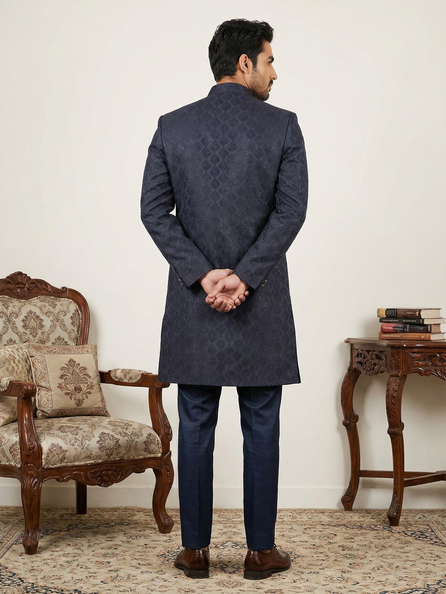 Classic Woven Jacquard Indo-Western Set ( 50JIND 148Navy S )