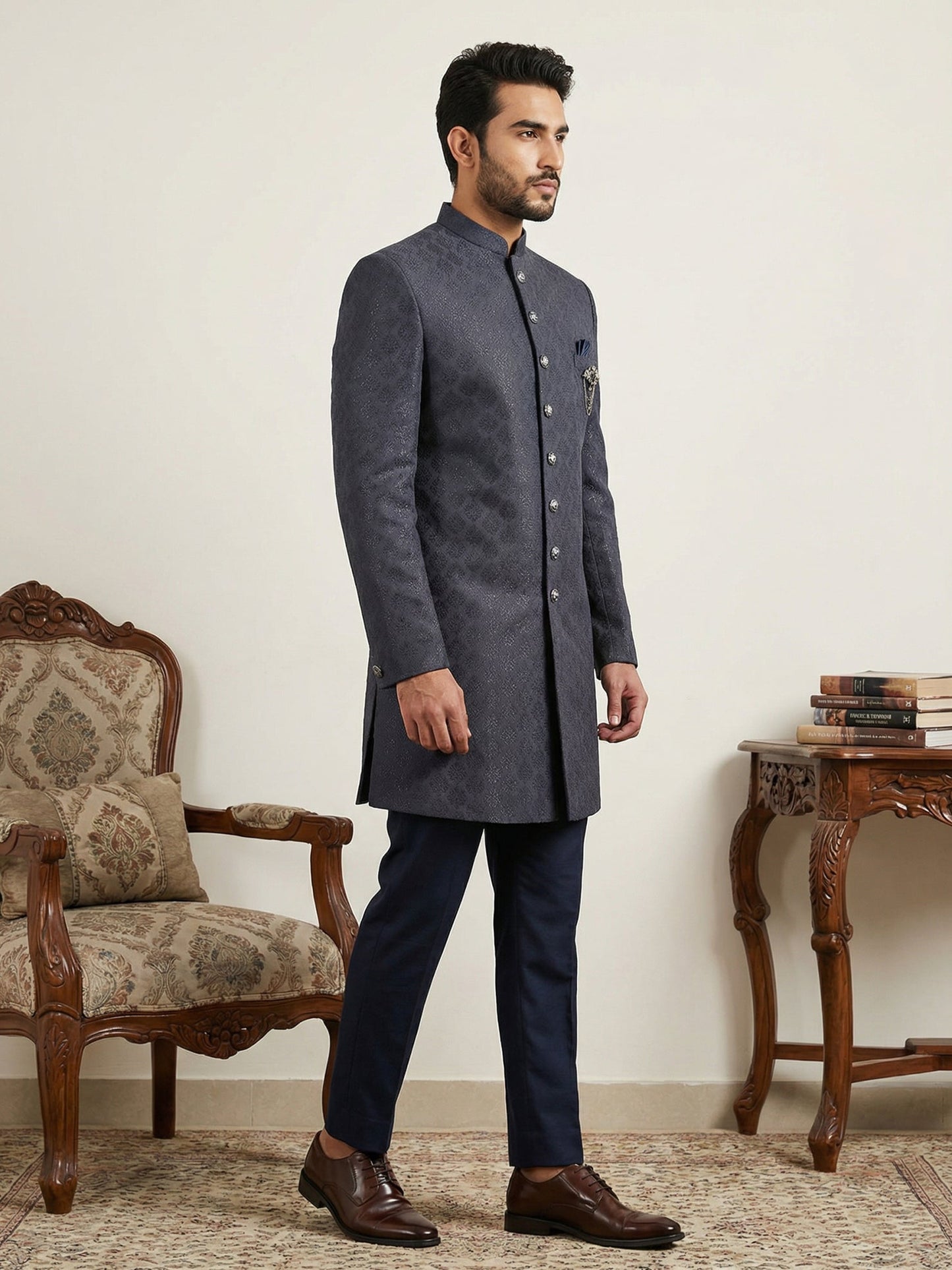 Classic Woven Jacquard Indo-Western Set ( 50JIND 148Navy S )