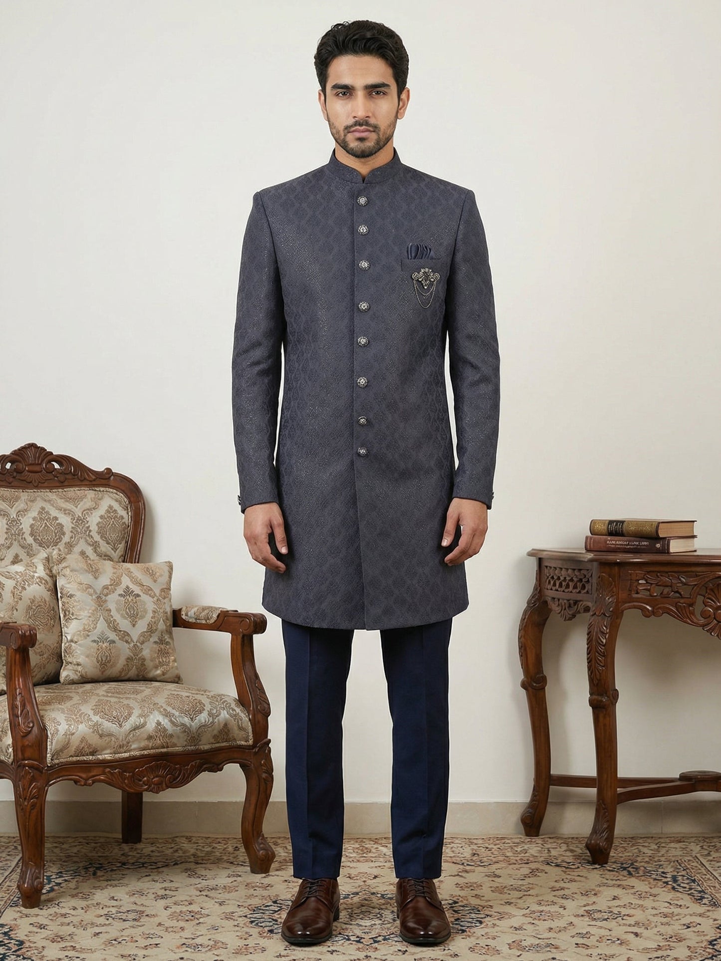 Classic Woven Jacquard Indo-Western Set ( 50JIND 148Navy S )
