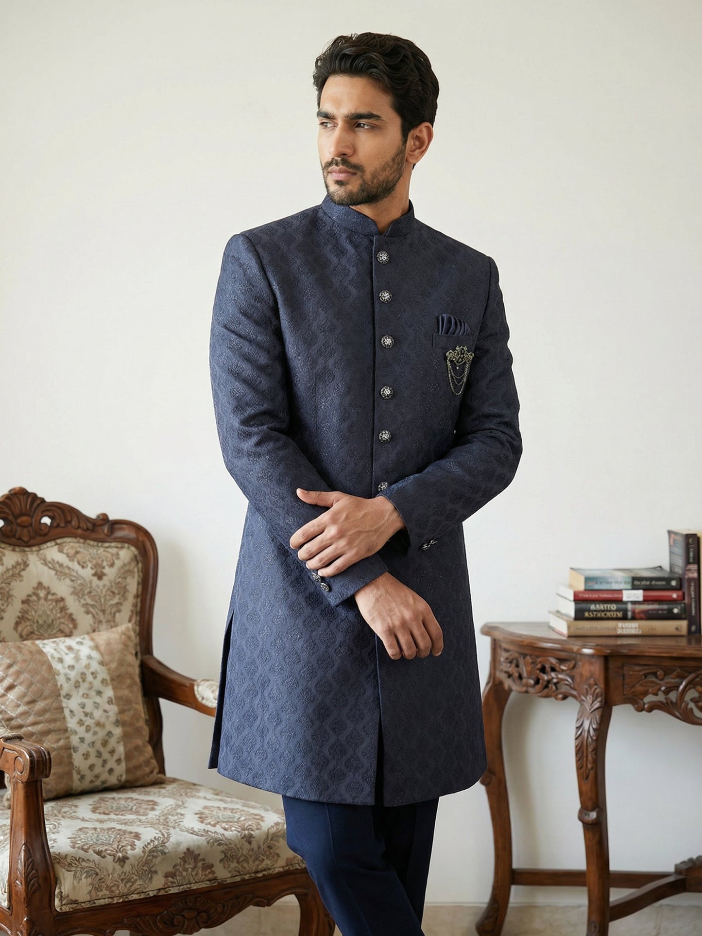Classic Woven Jacquard Indo-Western Set ( 50JIND 148Navy S )