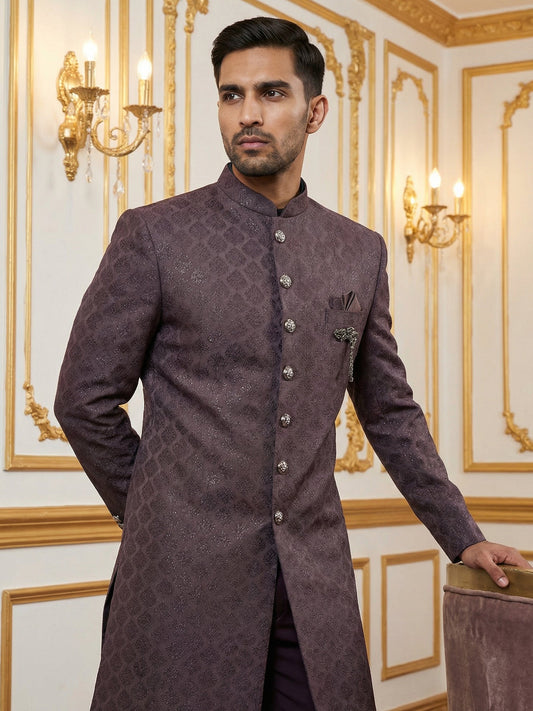 Classic Woven Jacquard Indo-Western Set ( 50JIND 148Wine S )